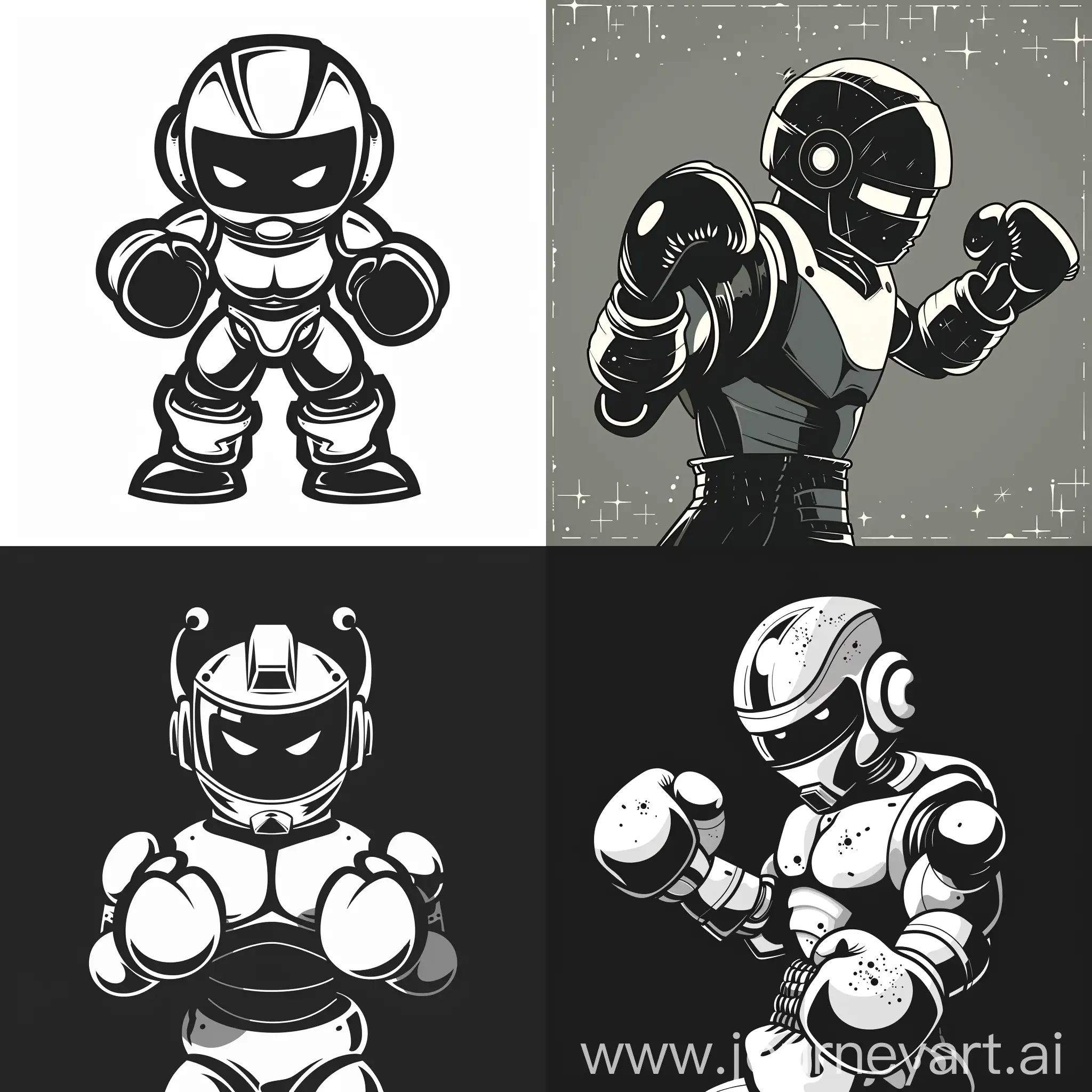 Old-Cartoon-Robot-Boxer-Vector-Art-in-Black-and-White
