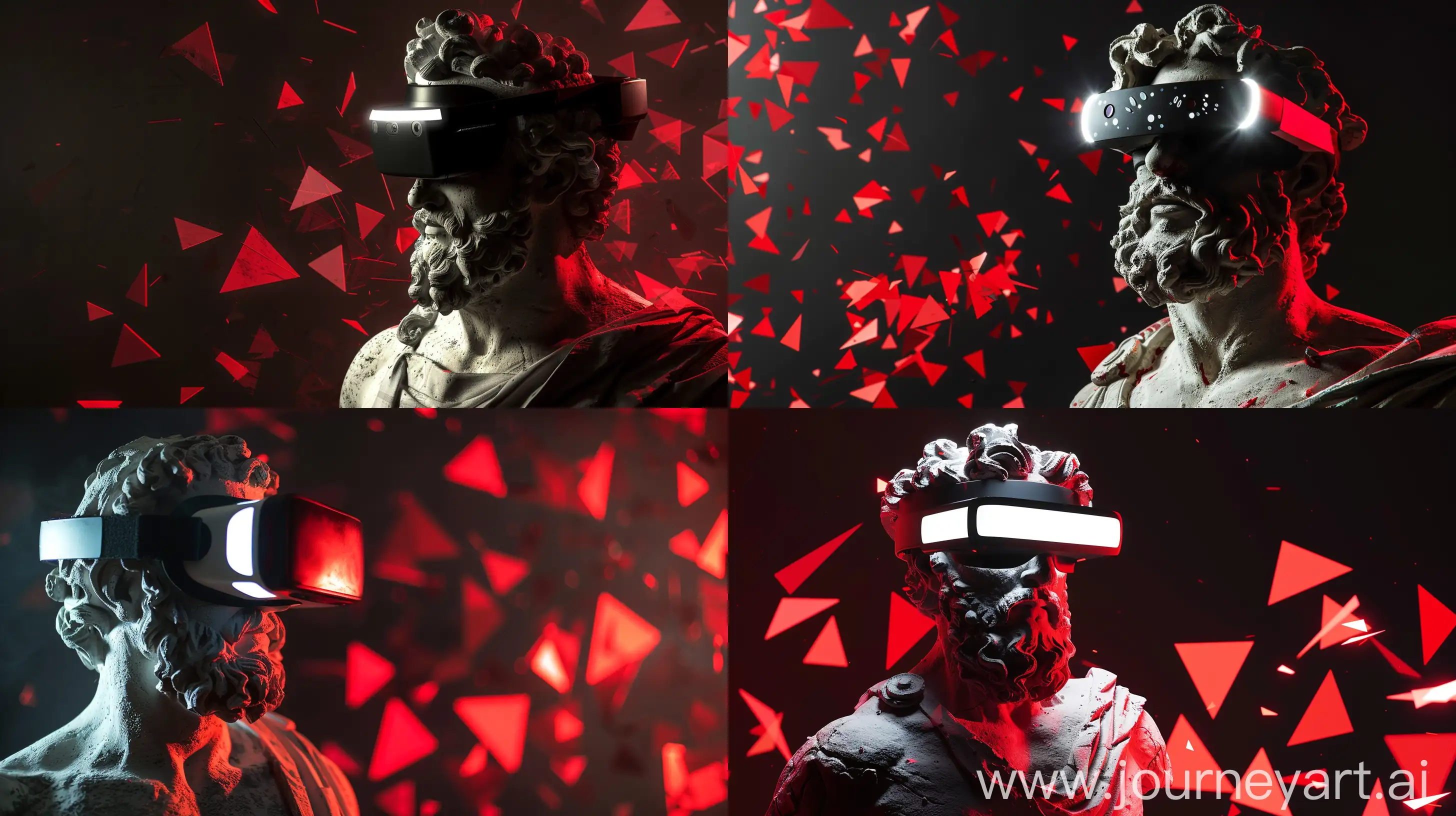 A Plaster Sculpture of Zeus, Modern Black VR Glasses With White LED, Red Light Reflections on Sculpture, Red Abstract Triangle Pattern in Dark Background, Dreamy Pose, Medium Shot, High Precision --v 6.0 --ar 16:9