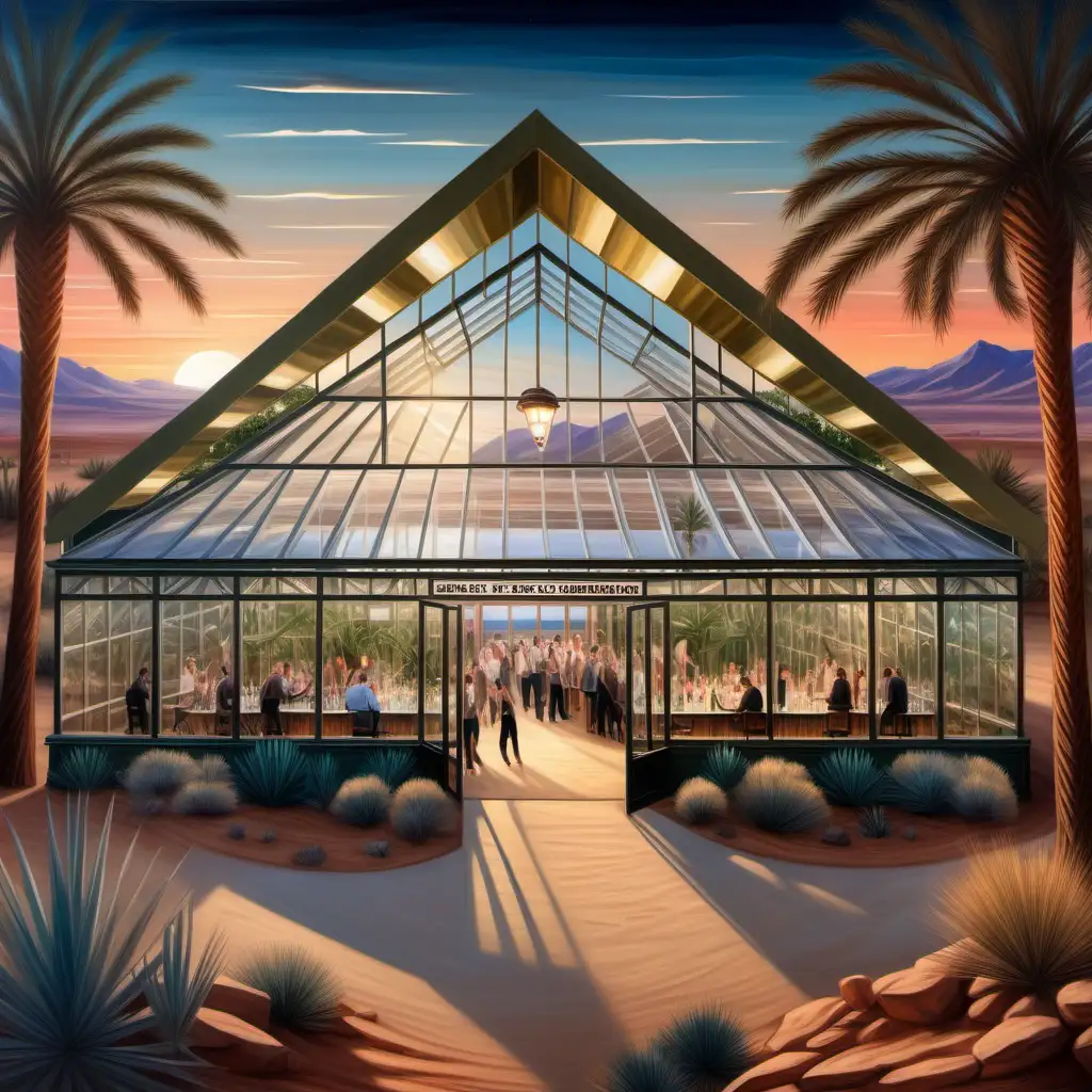 exterior view. Desert large greenhouse with a lake in the backdrop. Desert plants and sand dunes. bar area in the center under a large diamond light fixture. People celebrating with dancing and drinks. Evening. oil painting
