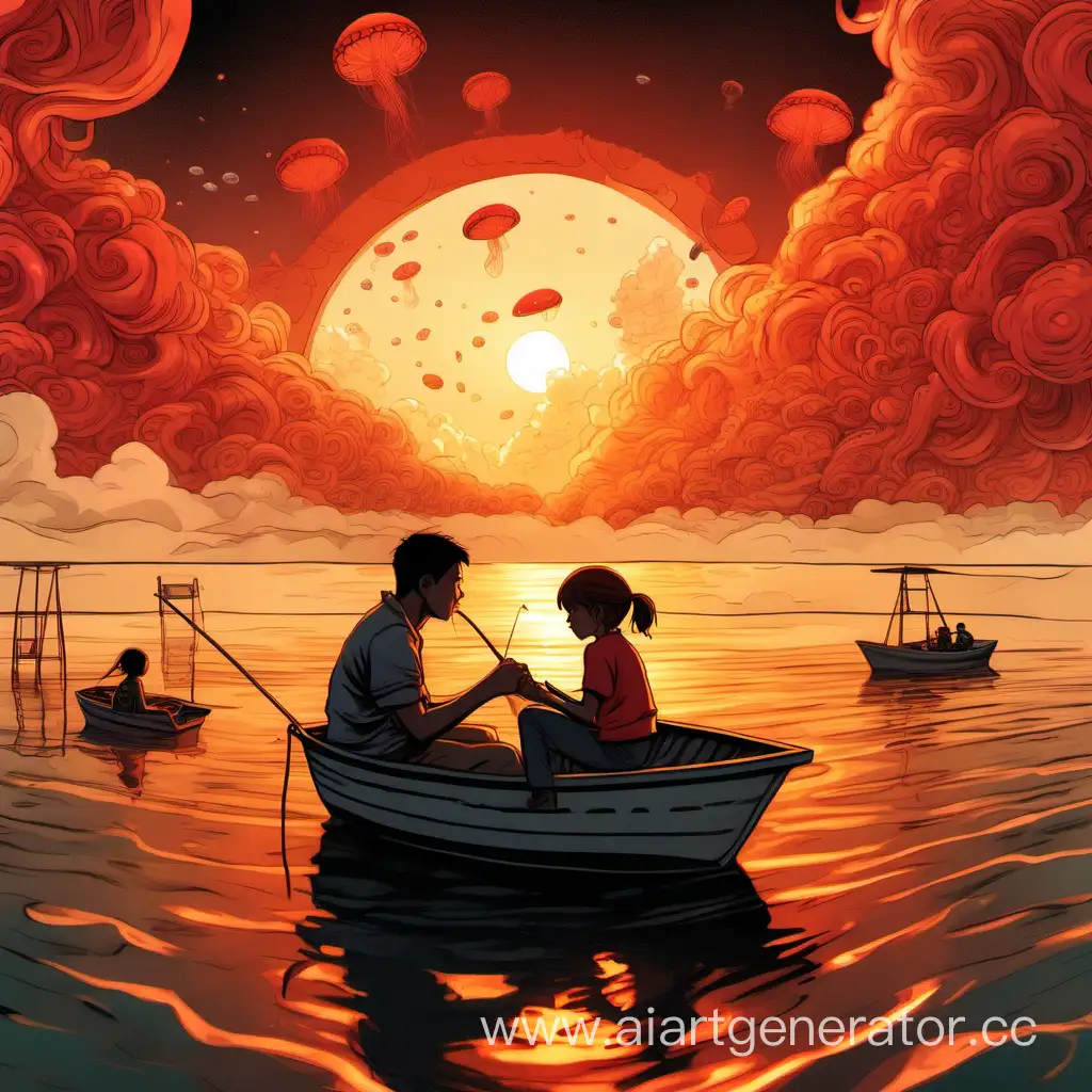 Молодой рыбак сидит в лодке с молодой девушкой на фоне красного солнца и золотых облаков, а вокруг летают медузы