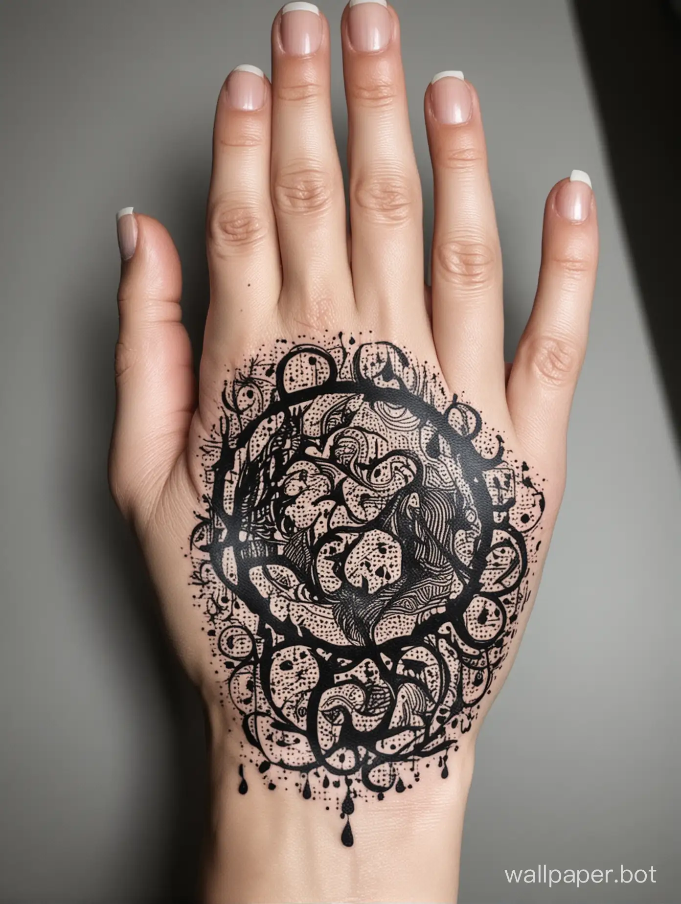 Chaotic-Circular-Hand-Tattoo-Design-with-Dripping-Veins-on-White-Background