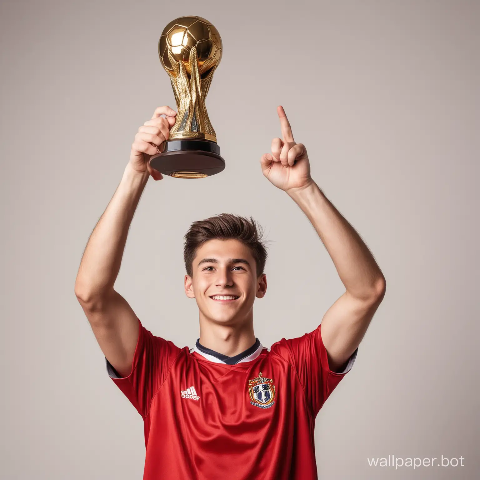 soccer guy 20 years old in a red uniform holds a trophy above his head white background photo 16K