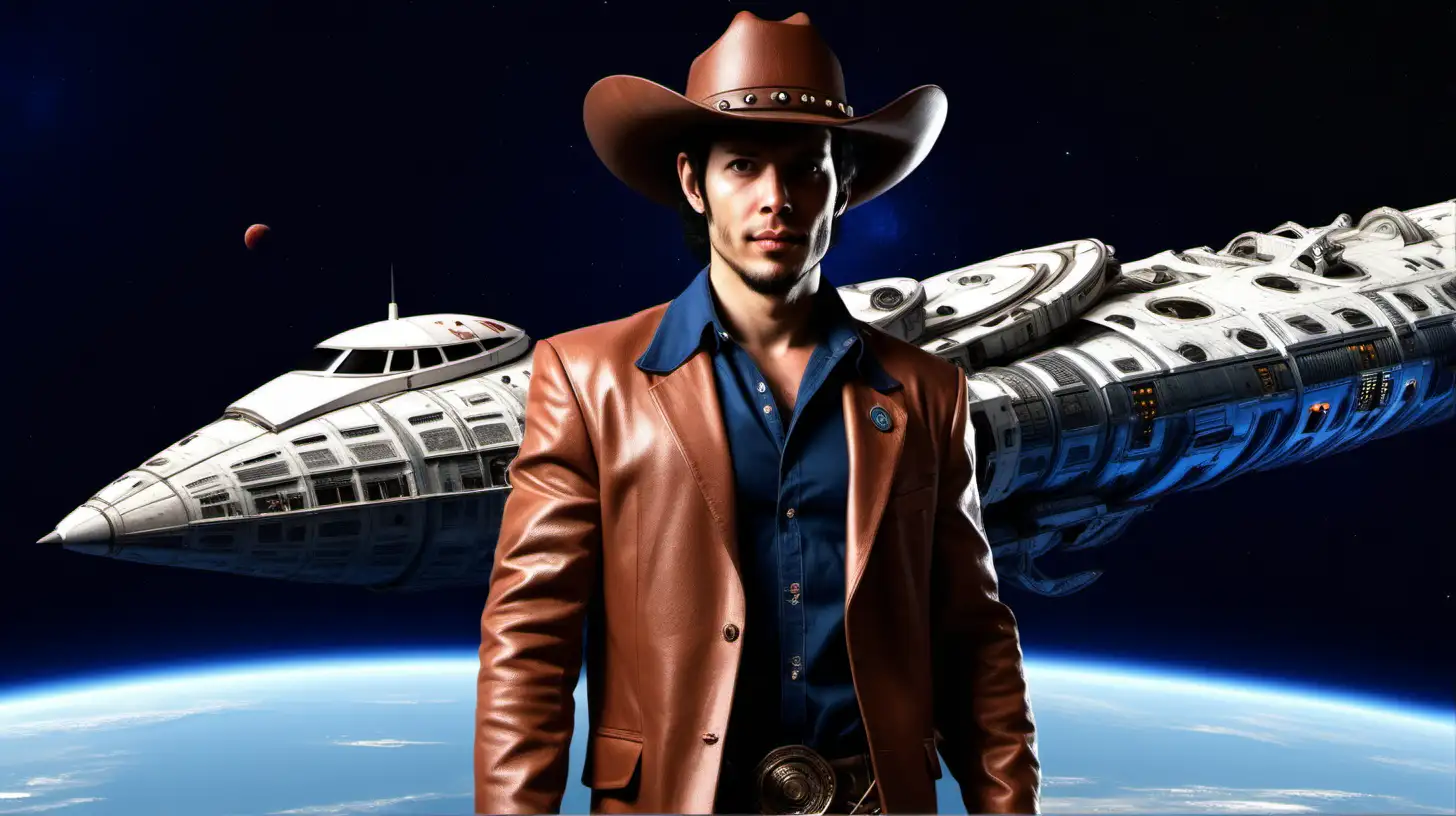 Space Cowboy with Hat and Gun Standing by Spacecraft