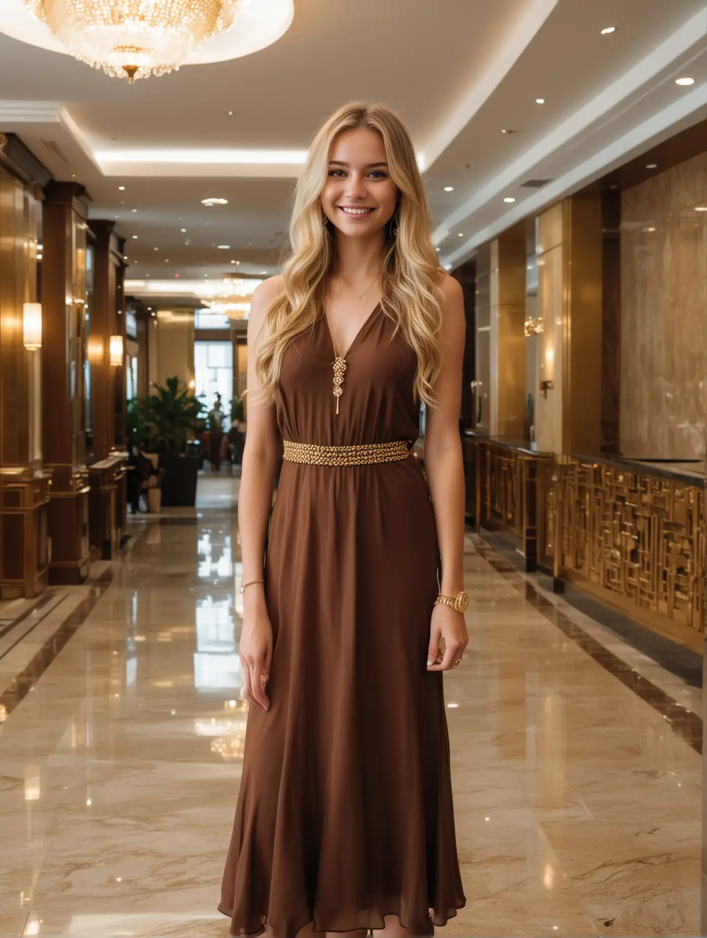 A beautiful long-haired blonde girl, smiling, wearing an elegant dark brown dress and gold jewelry, stands in the lobby of a tourist hotel in Hong Kong. She wore light makeup and looked confident. Wide-angle lens