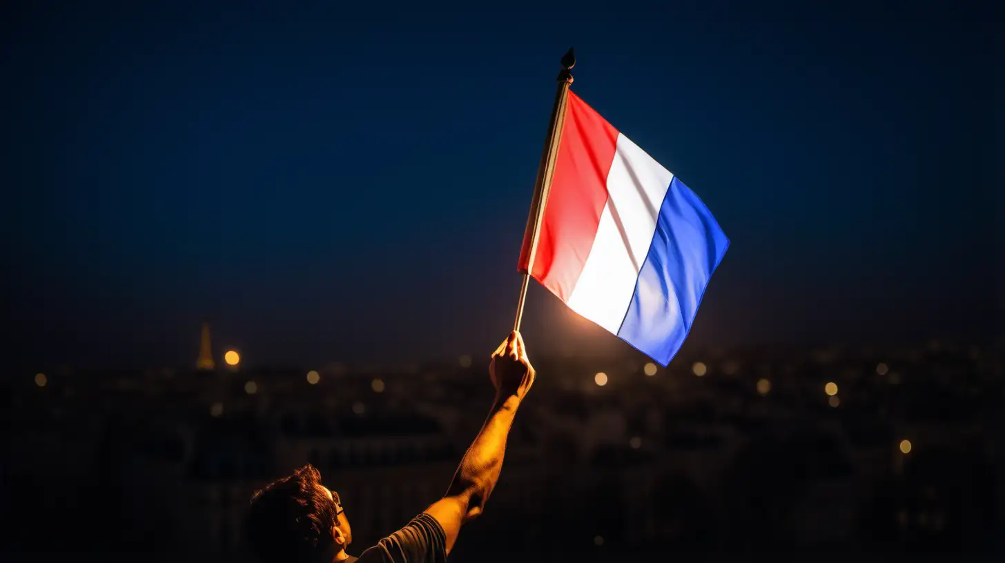 An activist clasping a luminous French flag in their hands, the vibrant glow symbolizing their dedication to advocating for social justice, liberty, and fraternity in France.