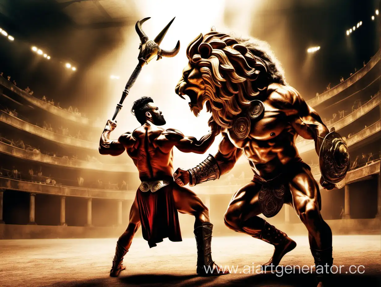 Fierce-LionHeaded-Gladiator-Battles-Radiant-Warrior-in-Arena-Showdown