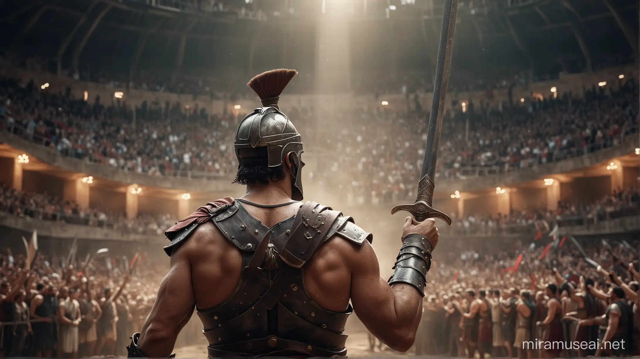 Realistic image. close up view of victorious gladiator from behind, holding up sword in victory. standing in an ancient Roman arena. full of spectators in the stands. Moody lighting. Sense of scale. Hero pose.