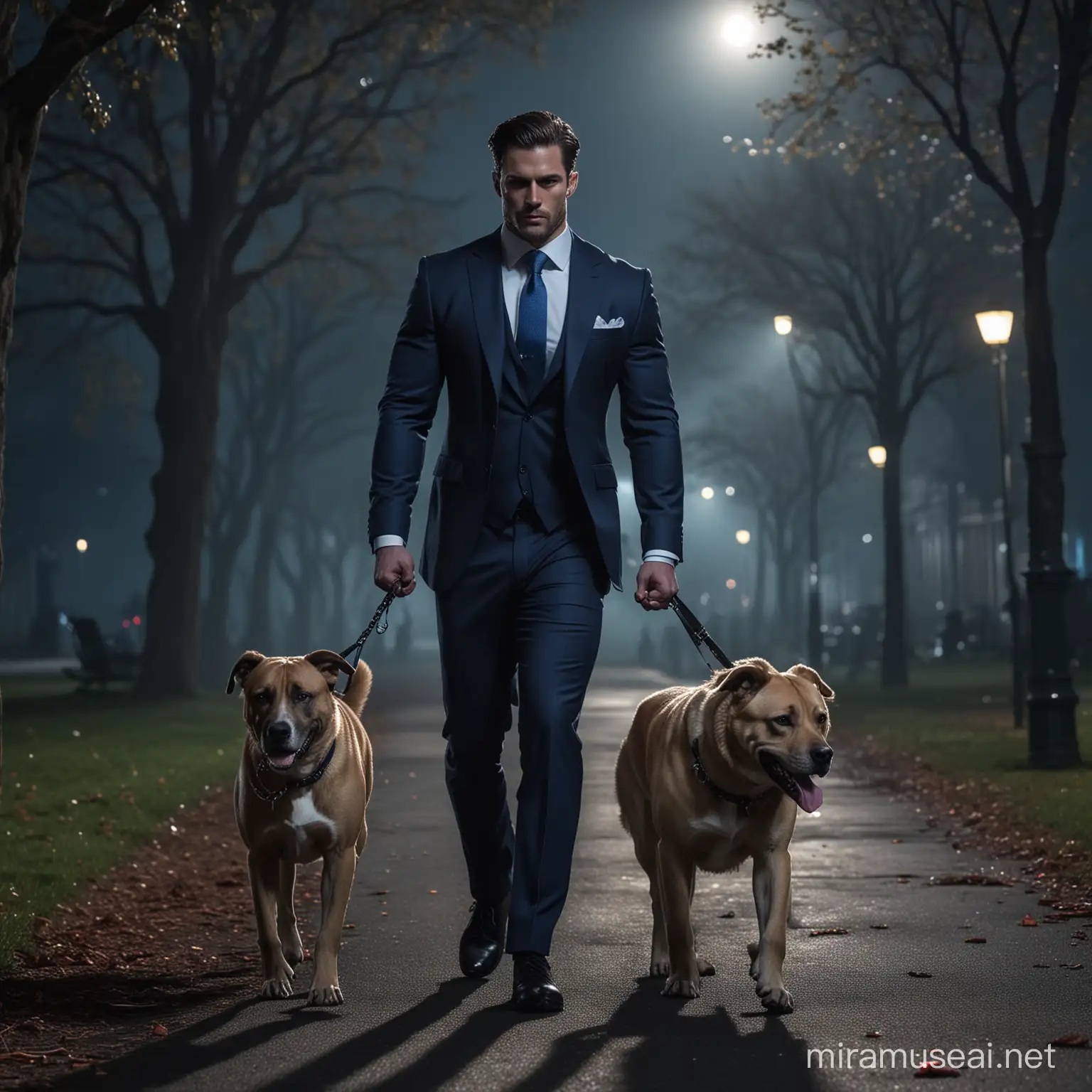 A very bulked muscular man dressed in a suit and shiny acccessories,   walking a fierce blood thirsty dog along a park, the background is of midnight with only moonlight shining blue light over the scene