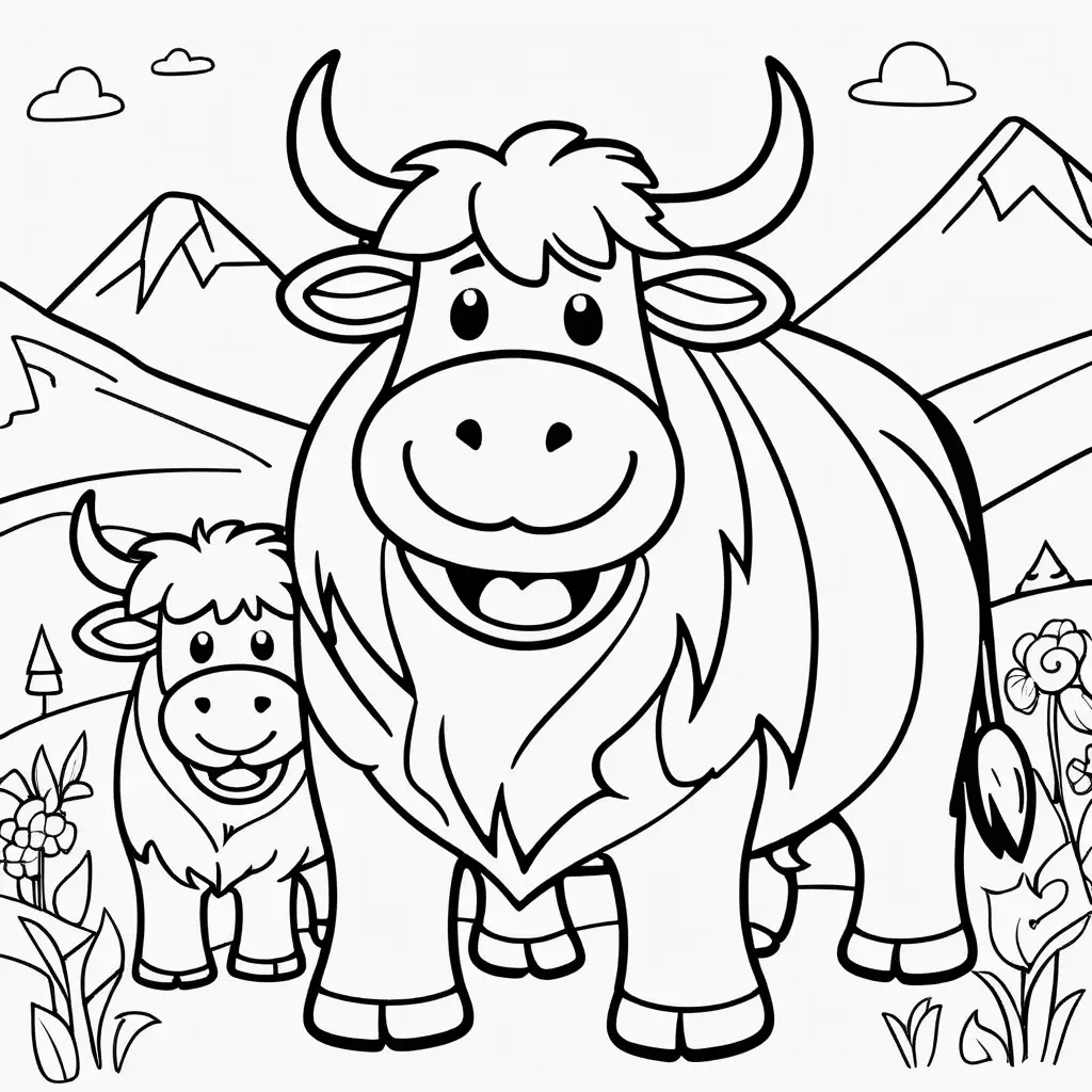 Create a coloring book page for 1 to 4 year olds. A simple cartoon cute smiling friendly faced yak and its friendly faced parents with bold outlines in their native enviroment. The image should have no shading or block colors and no background, make sure the animal fits in the picture fully and just clear lines for coloring. make all images with more cartoon faces and smiling