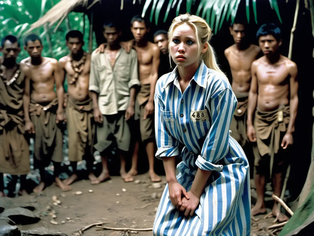 A busty prisoner womean (25 years old) stand kneels in a jungle tribal village(captured by tribe members) in worn dirty blue-white vertical wide-striped longsleeve midi-length buttoned prisonerdress (a big printed "478" label on chest pocket, blonde short low pony hair, sad and ashamed) head down, group of jungle tribe members standing around her