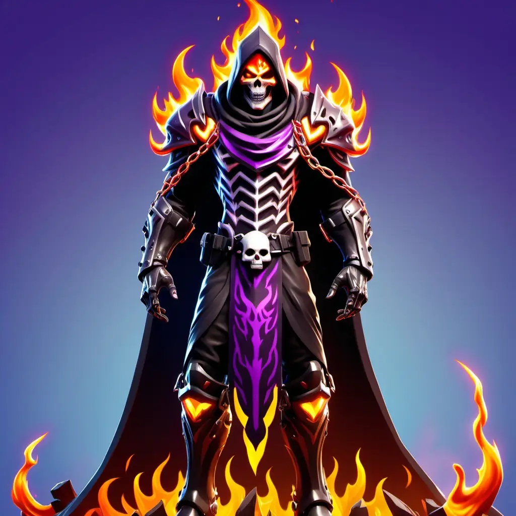 Fortnite style dark paladin themed skin with skull helmet and spawn style cape and flaming chains