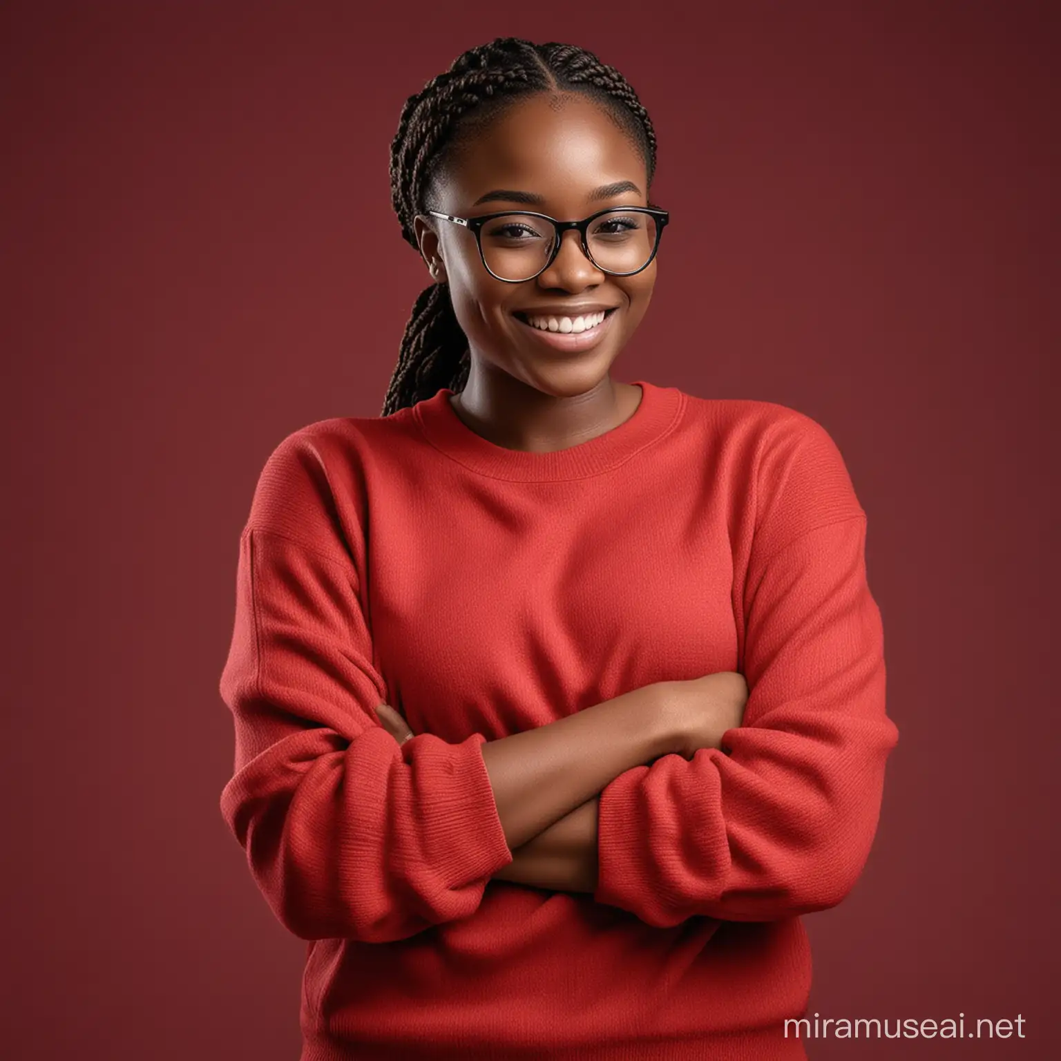 Photo realistic image of a Nigerian lady in her 20s , with braided hair, wearing glasses, on a red color sweat shirt, folding her arms, smiling, on a dark studio background 