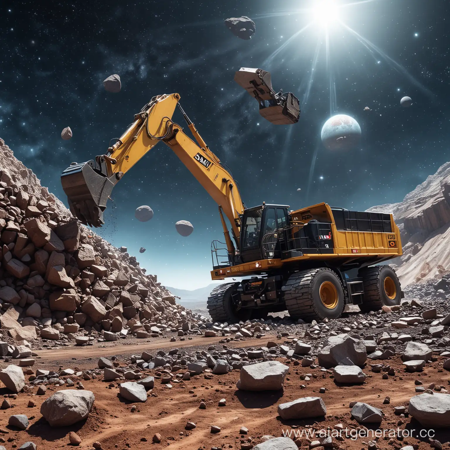 Cosmic-Quarry-SANY-Excavator-and-Dump-Truck-in-Interstellar-Operation