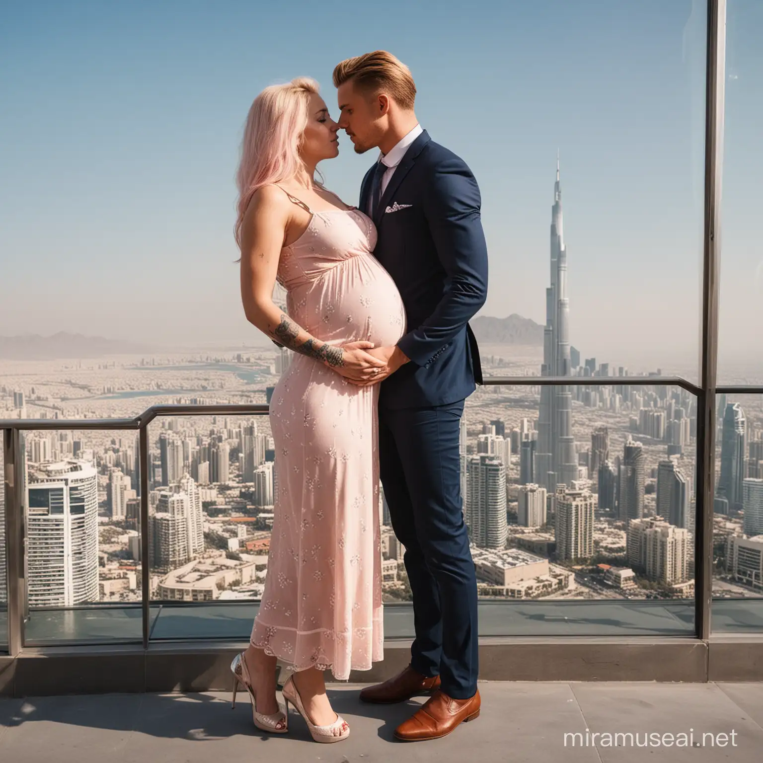 Generate a very attractive sexy pregnant girl with her husband. The girl has blonde and pink hair and blue eyes.Her husband is so tall that even if she wears high heels, she is taller. The man has light brown and blond hair, blue eyes ,His belly is very muscular and square , and a tattoo on his arm. The woman is wearing a sexy dress and high heels. The two of them are kissing and in the background there is a huge mountain ( moant Everest ), Pesific Ocean and a huge skyscraper (Burj Kalifa ).