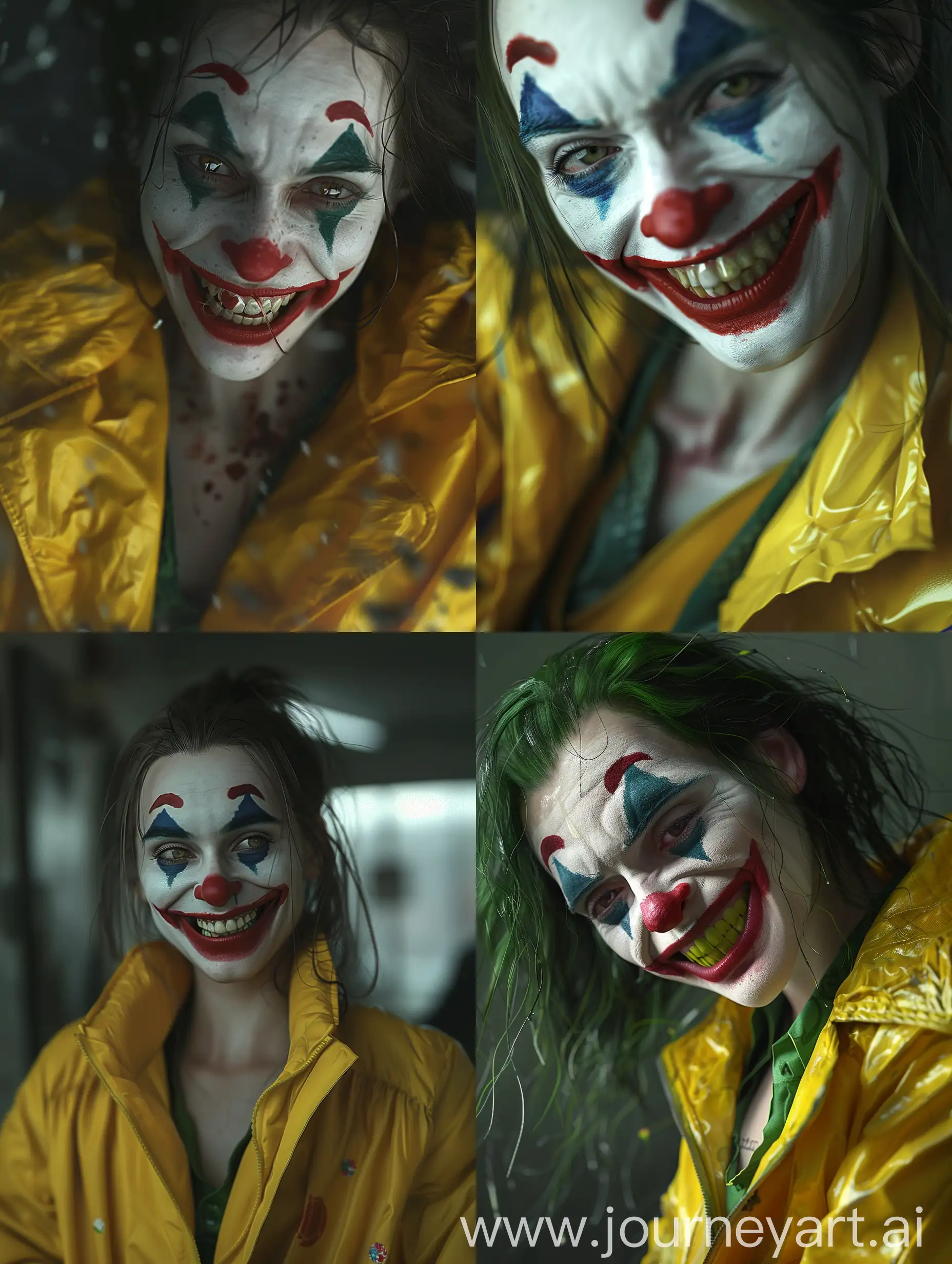 A realistic joker girl wearing yellow jacket and smiling, cinematic, cinematic effects, photography, photorealistic, photorealism, hyperdetailed, illustrations, ultra-realistic, realism, realistic, hyper-realistic, hyperdetailed, detailed face, skin tone, high quality, 8k, 32k,.