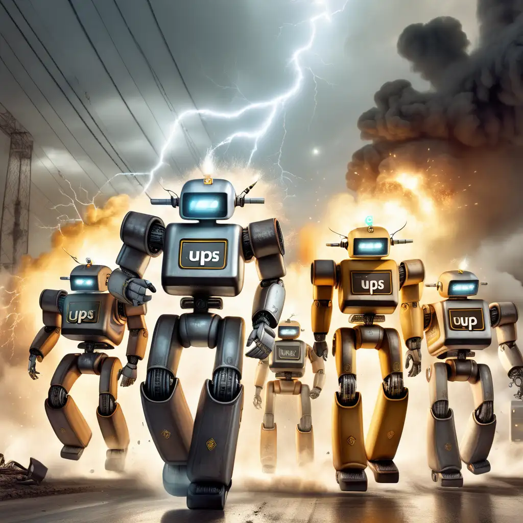 Futuristic Robot UPS Workers in HighSpeed Dystopian Race