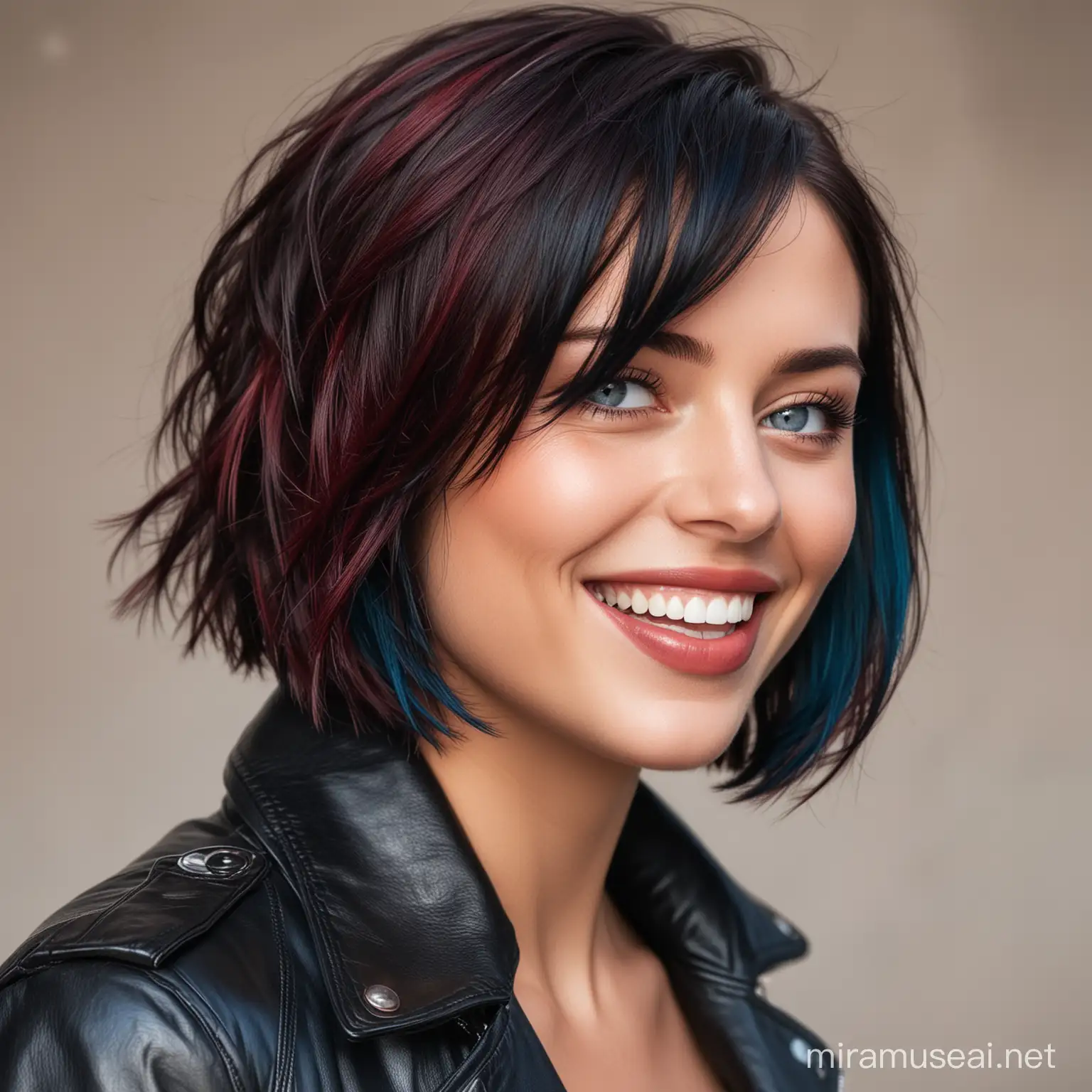 Laughing Woman with Dark Bob Hair and Leather Jacket in Profile