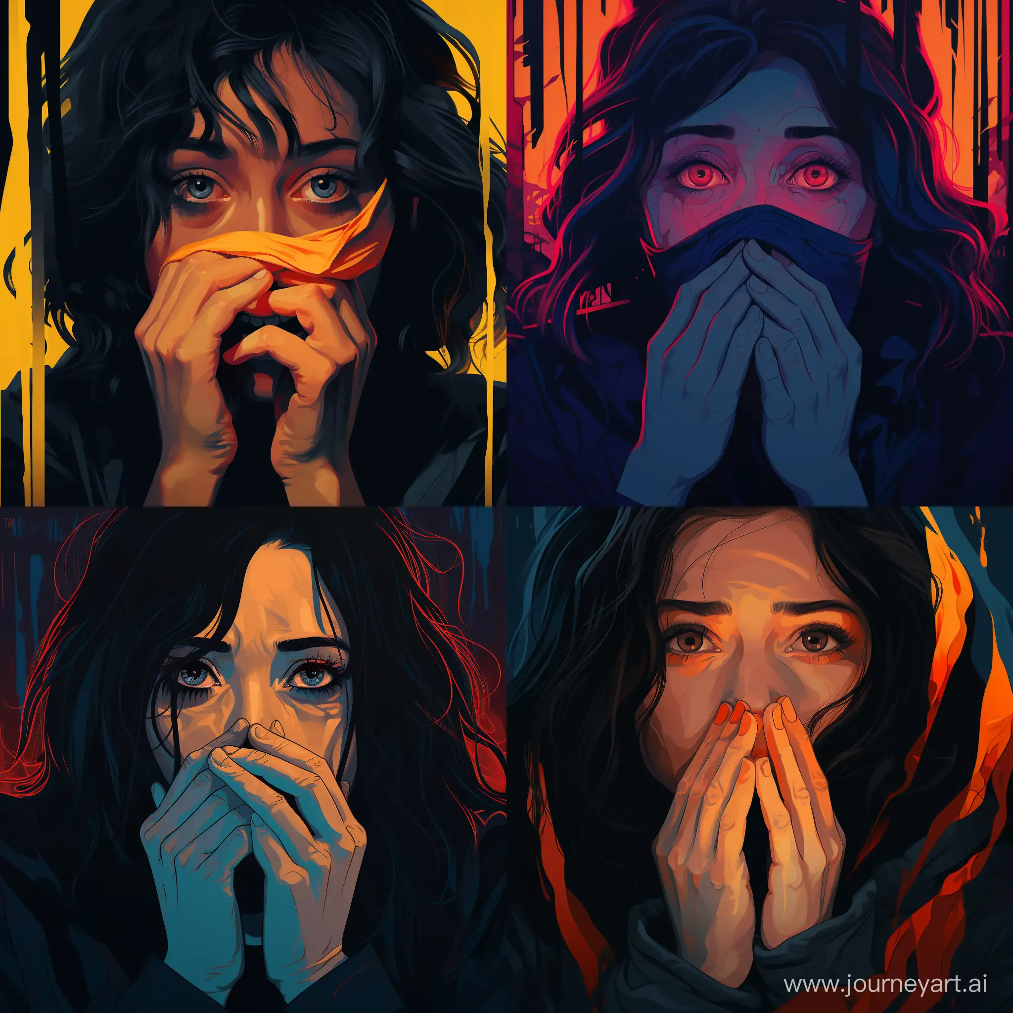 Terrified  crying woman portrait, hiding from danger, holding her mouth trying to keep quiet, fear on her face, digital art, vector, 2d, horror movie vibes, dark anime style, vibrant, realistic, masterpiece 