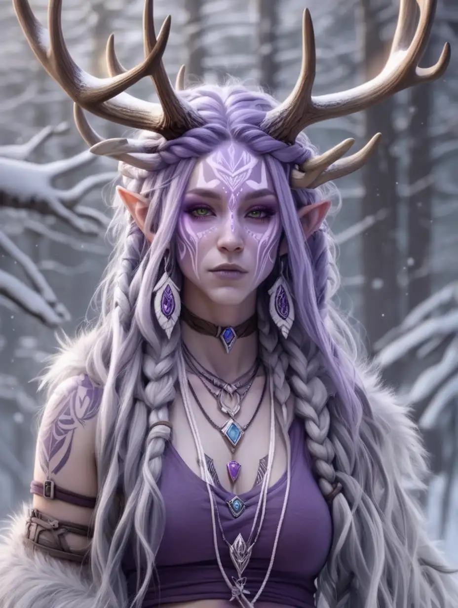 purple skin; female  druid; light purple skin; white and light grey long, thick dreads; bright white tattoos; elk antlers