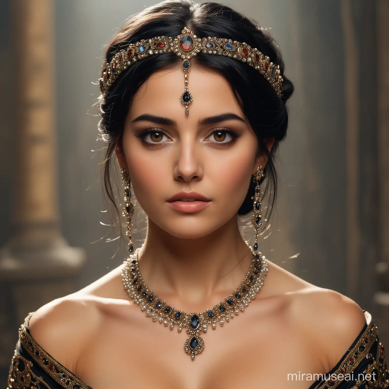 A woman of incredible beauty, dressed in jewels, charming and attractive with blck hair brown eyes,with a stern look. From the twelfth century