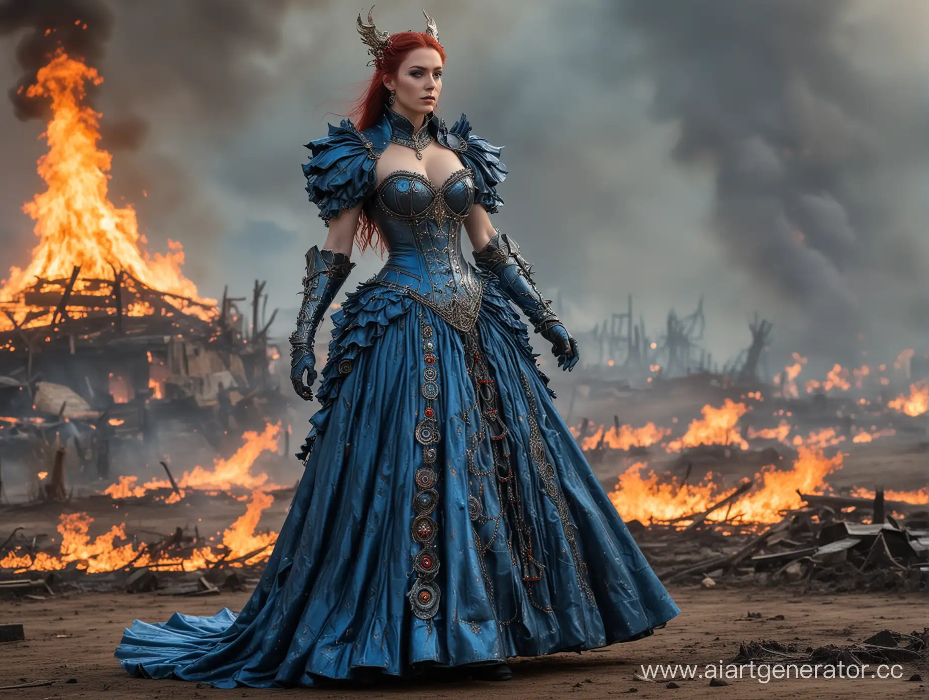 Tzeentch-Demon-Woman-SteelClad-Warrior-of-Chaos-on-Burning-Cathayan-Battlefield