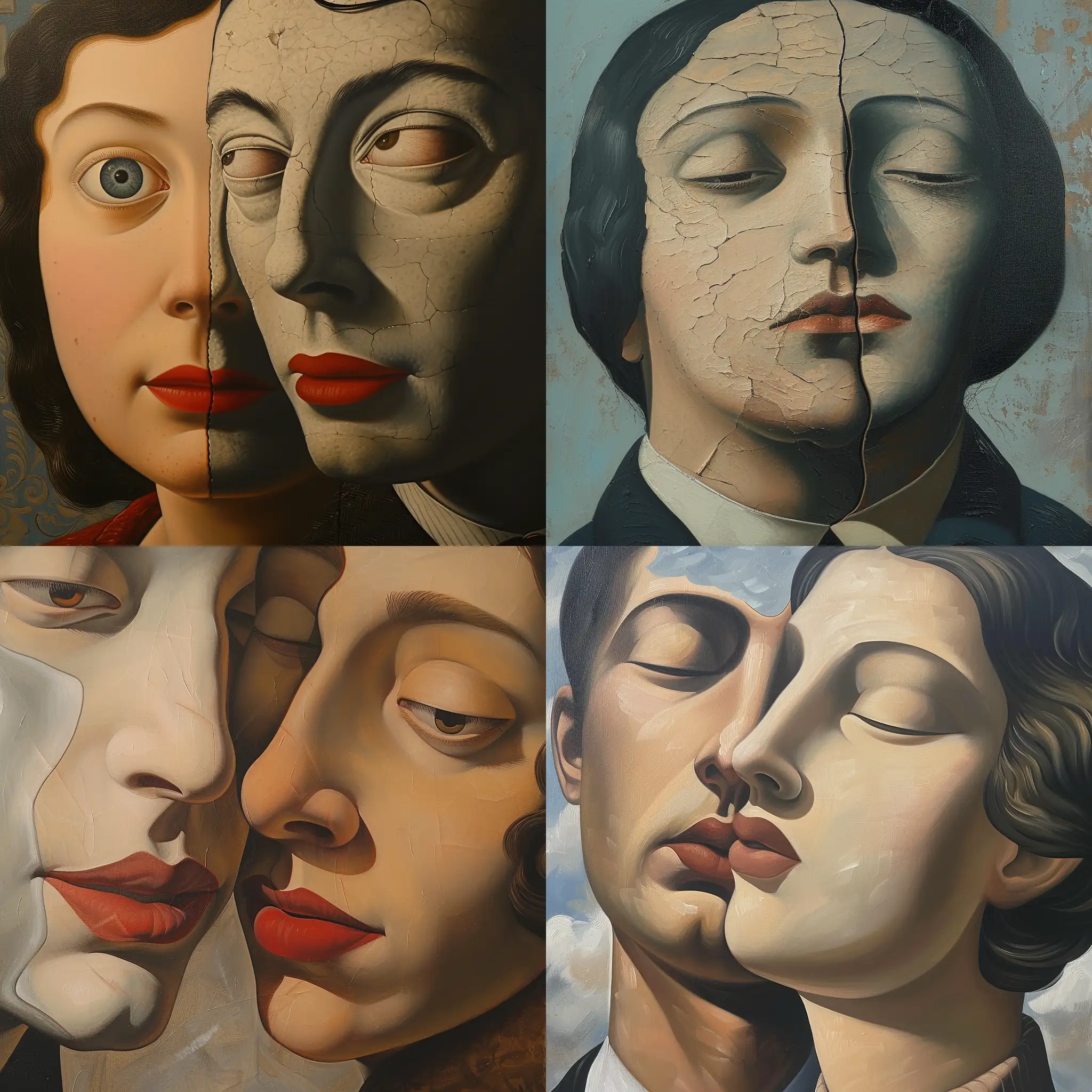 Tableau à l'huile surréaliste. Magritte. Un homme et une femme dont les visages sont complètement fusionnés en un seul visage féminin. Close up