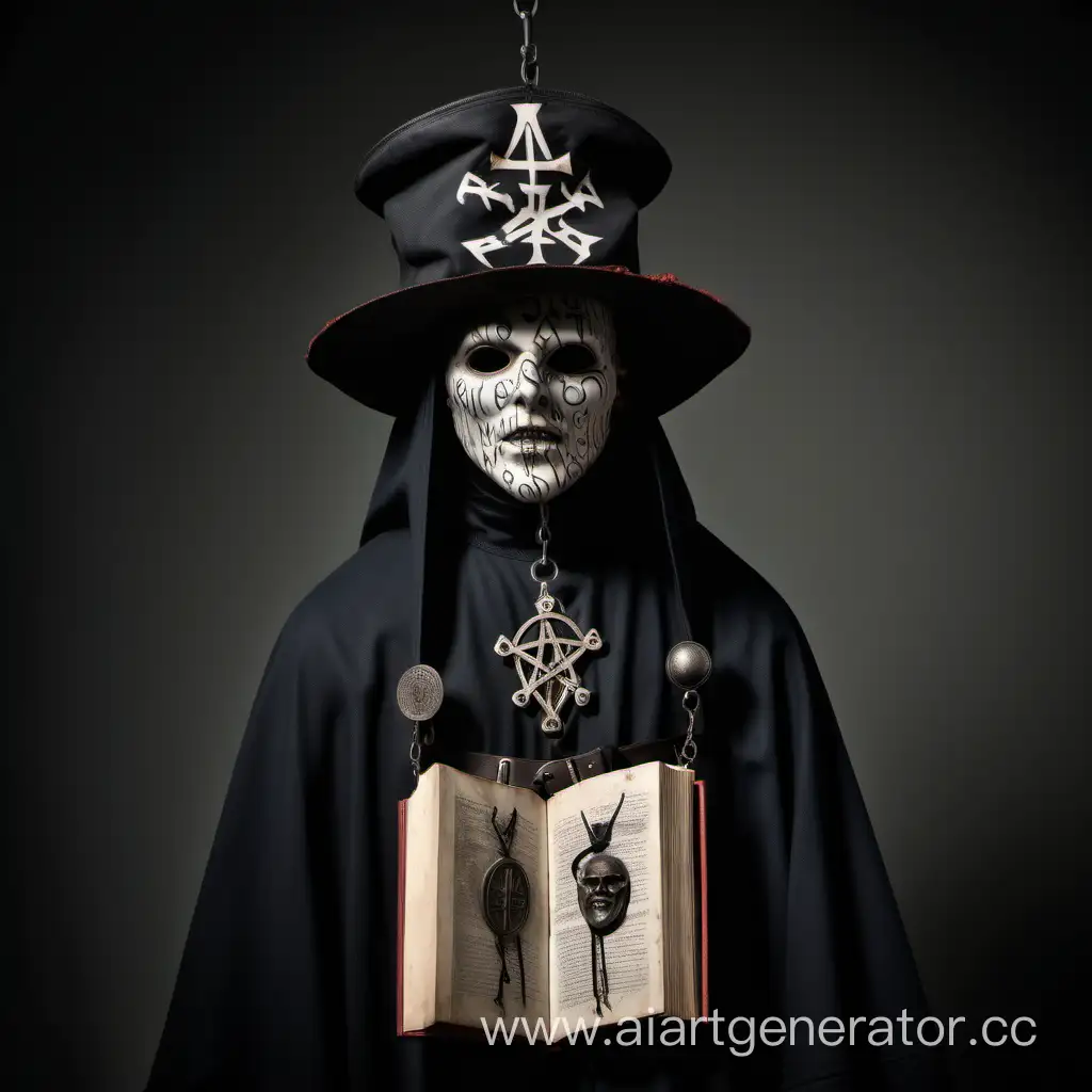 Экзорцист в стиле 18 века времен инквизиции, в шляпе, перчатках на которых изображены оккультные символы, лицо так же закрыто маской исписанной рунами. Рост около метра девяносто сантиметров. На поясе висит книга с знаком сатаны
