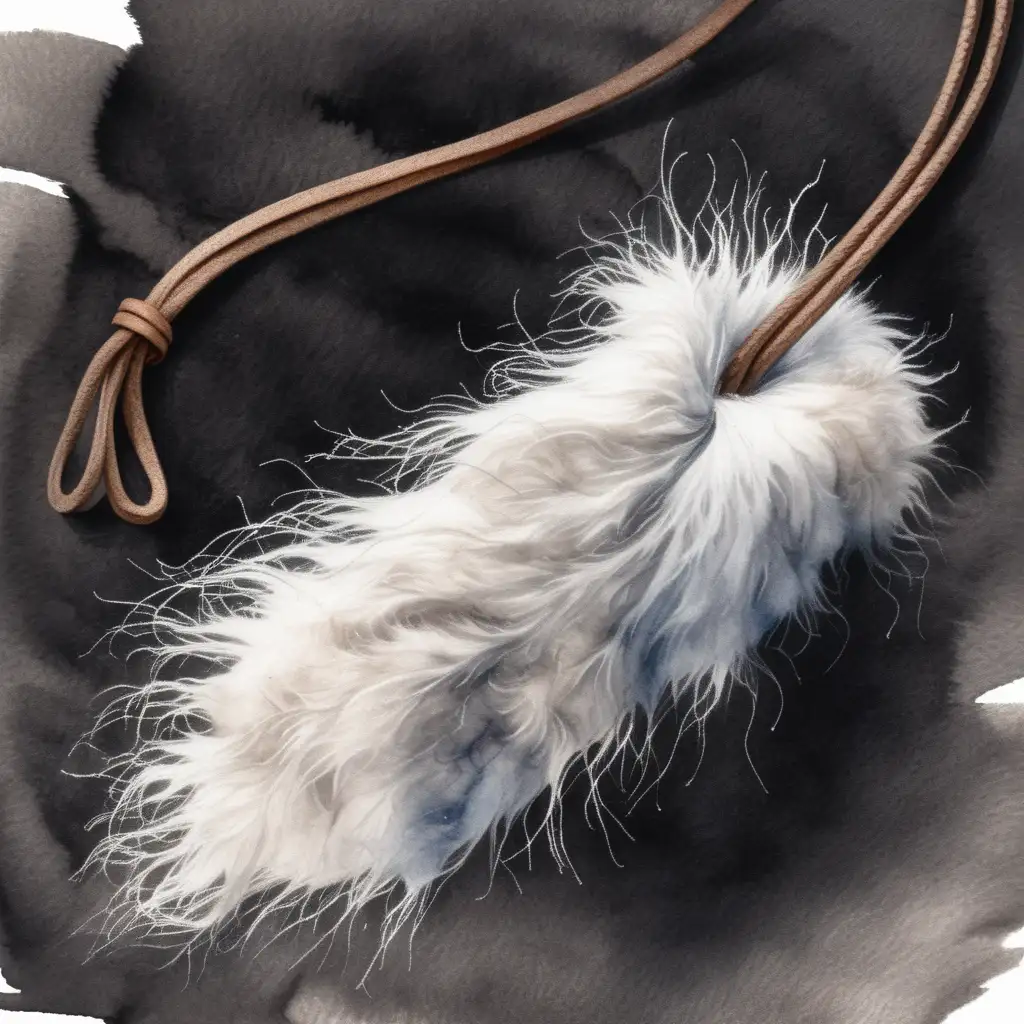 isolated narrow chunk of smoothed white fur on a leather cord, dark watercolor drawing, no background