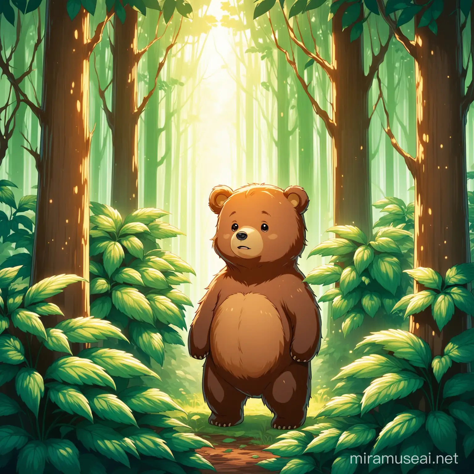 1. 小熊醒来，发现自己在一片陌生的森林中，四周都是他从未见过的树木和植物，他感到迷茫和害怕。