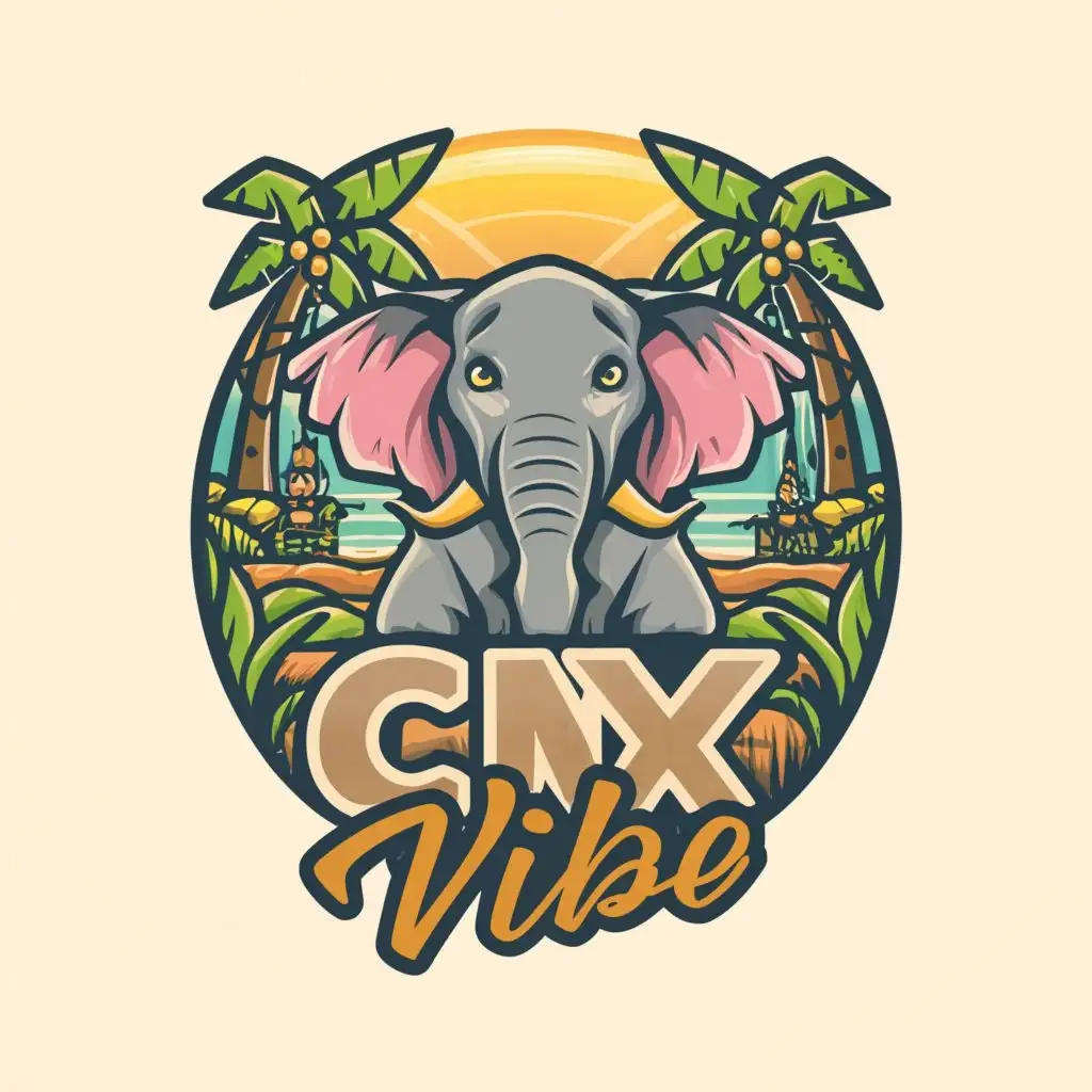 a logo design, with the text CNX VIBE, main symbol: happy elephant, moderate, be used in travel industry, clear background, Modern font, green mountain forest, Thailand, Chiang Mai, Sunset, rice field