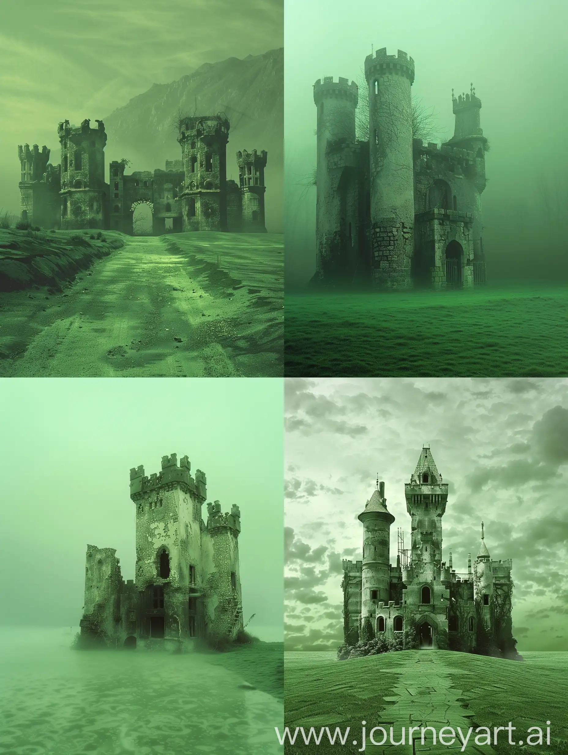 early 2000s found footage, empty and eerie castle on a green field, light saturated tones, computer graphics, nintendo 64 graphics