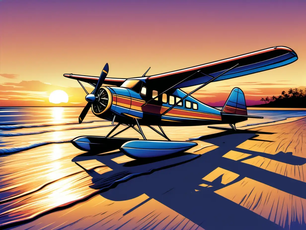 graphic t-shirt vector of a vintage float plane parked on the beach during sunset, very realistic detail design, colorful, contour