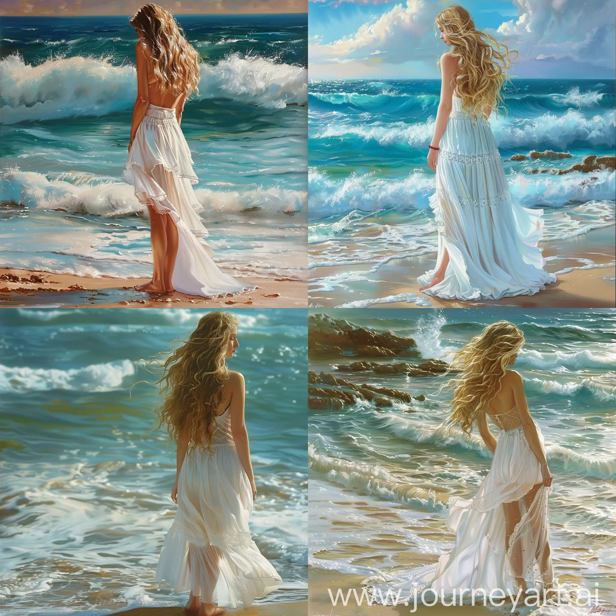 A beautiful lady with flowing long blonde hair stands on the shore of her private beach at her summer villa, dressed in a stunning white summer dress. She sheds silent tears as she gazes at the serene waves, fine art, outstanding quality.