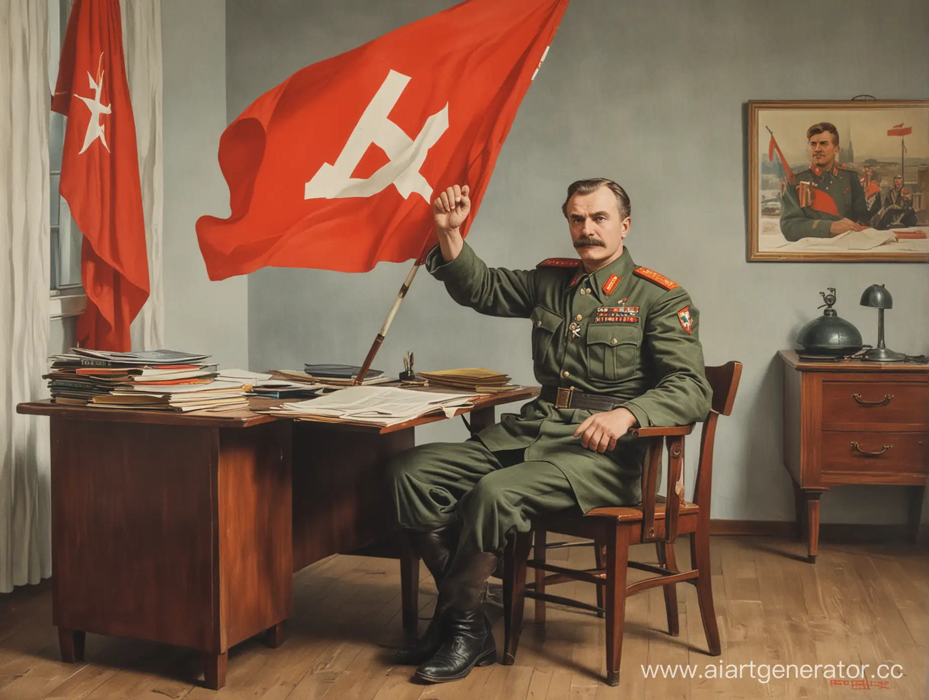 Советский плакат. Человек с флагом одной ногой на парте. 
