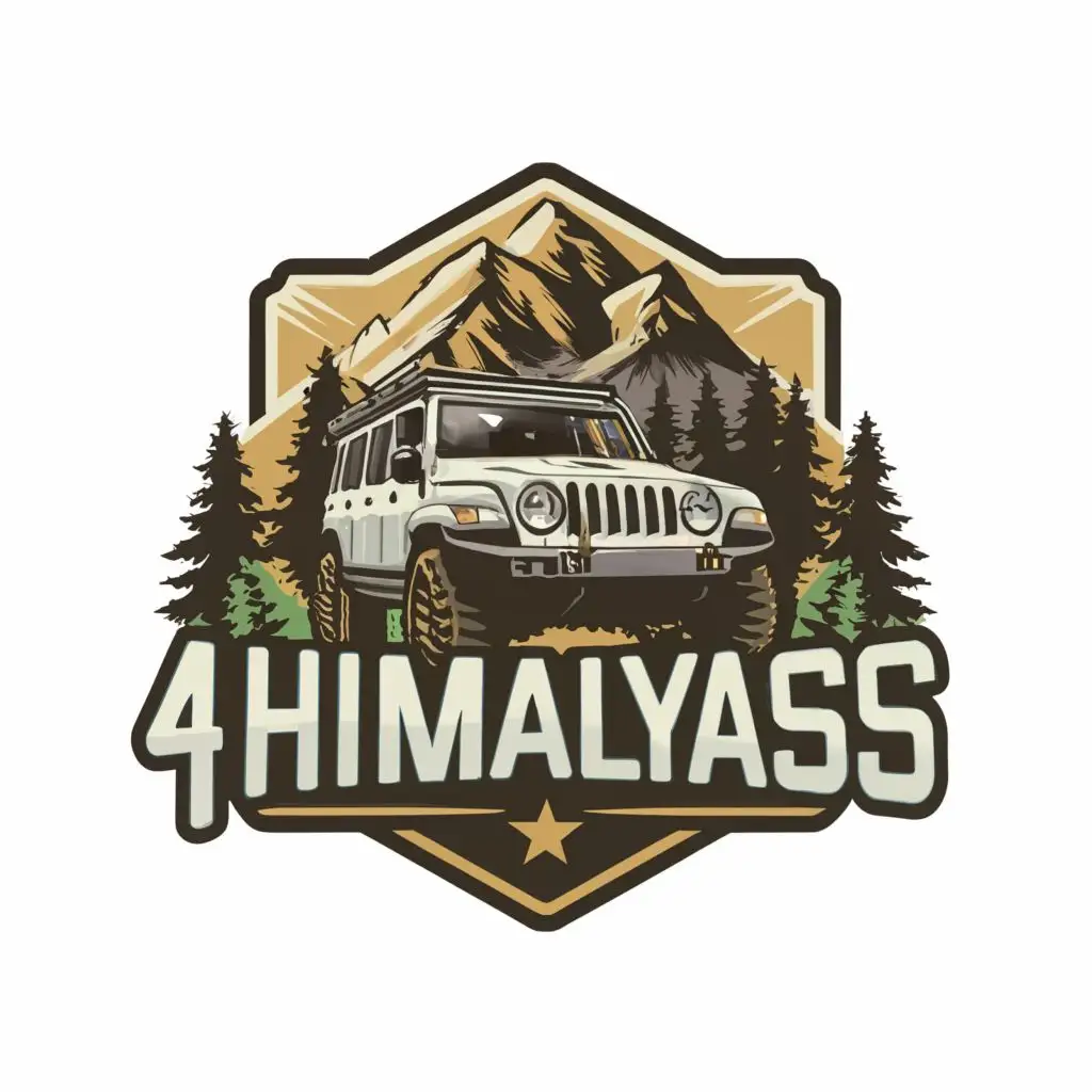 a logo design,with the text "4x4 HIMALYAS", main symbol:OFFROADING JEEP,MOUNTAINS,SNOW,MUD ,TREES,Moderate,clear background
