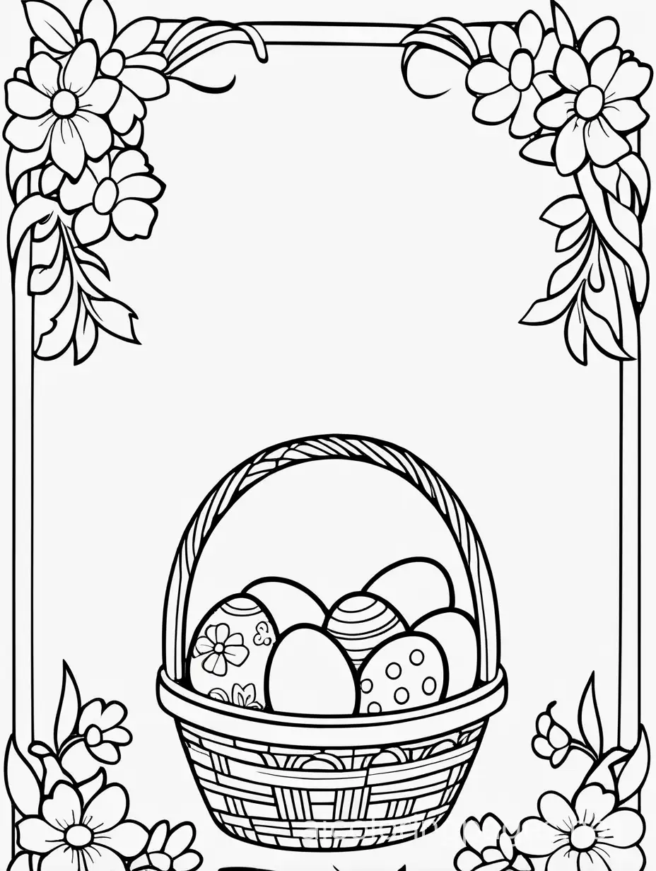 Happy Easter eggs in flower basket, Coloring Page, black and white, line art, white background, Simplicity, Ample White Space. The background of the coloring page is plain white to make it easy for young children to color within the lines. The outlines of all the subjects are easy to distinguish, making it simple for kids to color without too much difficulty