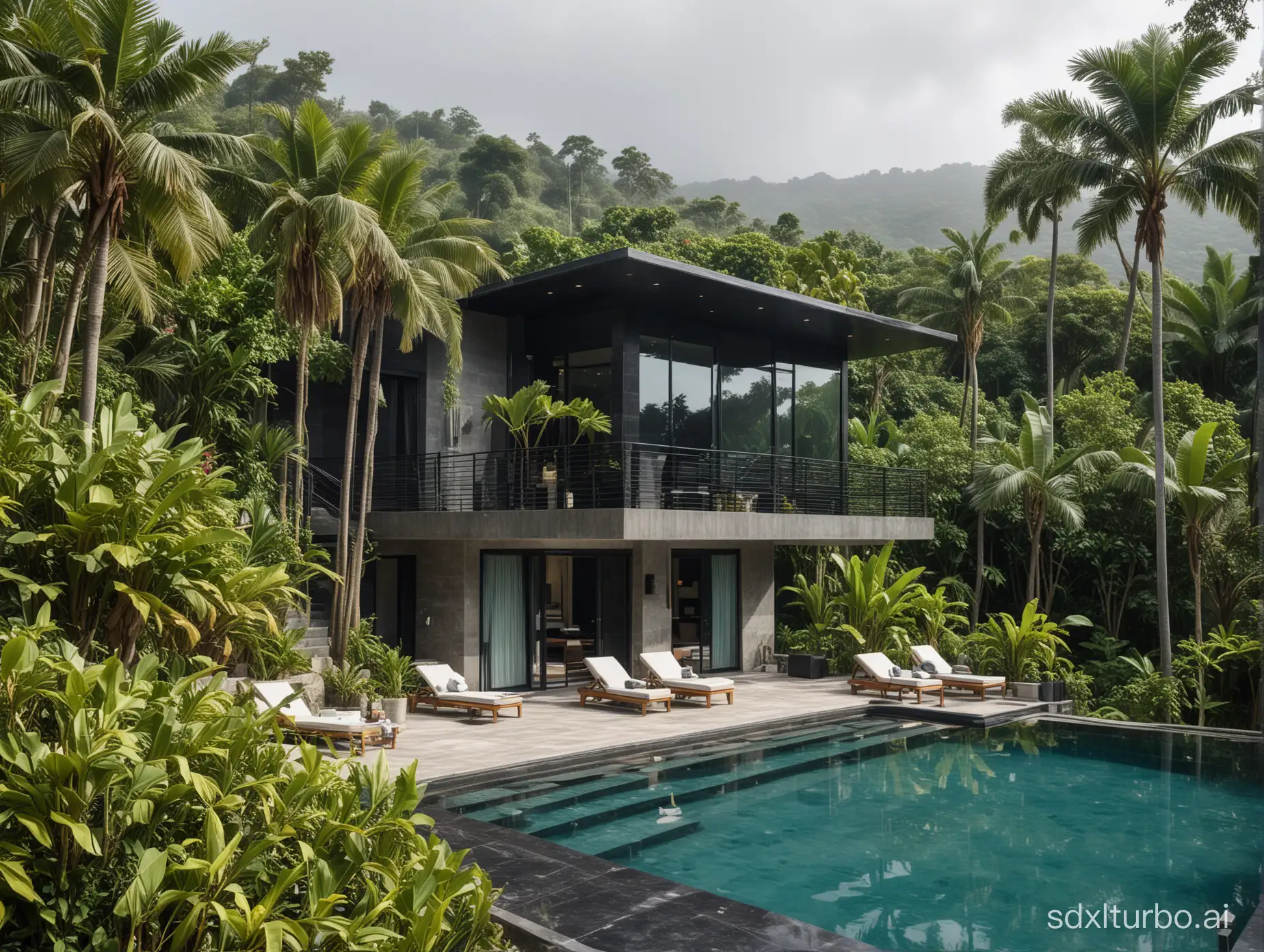 On the sloping slope by the sea, with dense vegetation, there is a standalone villa, the villa style is simple and bright, with a black marble exterior wall. There is a swimming pool in front of the hotel balcony, with two lounge chairs and a black sofa next to the pool. There are small banana trees and other tropical plants around the hotel. Facing the hotel is a vast ocean, with heavy rain and mist.