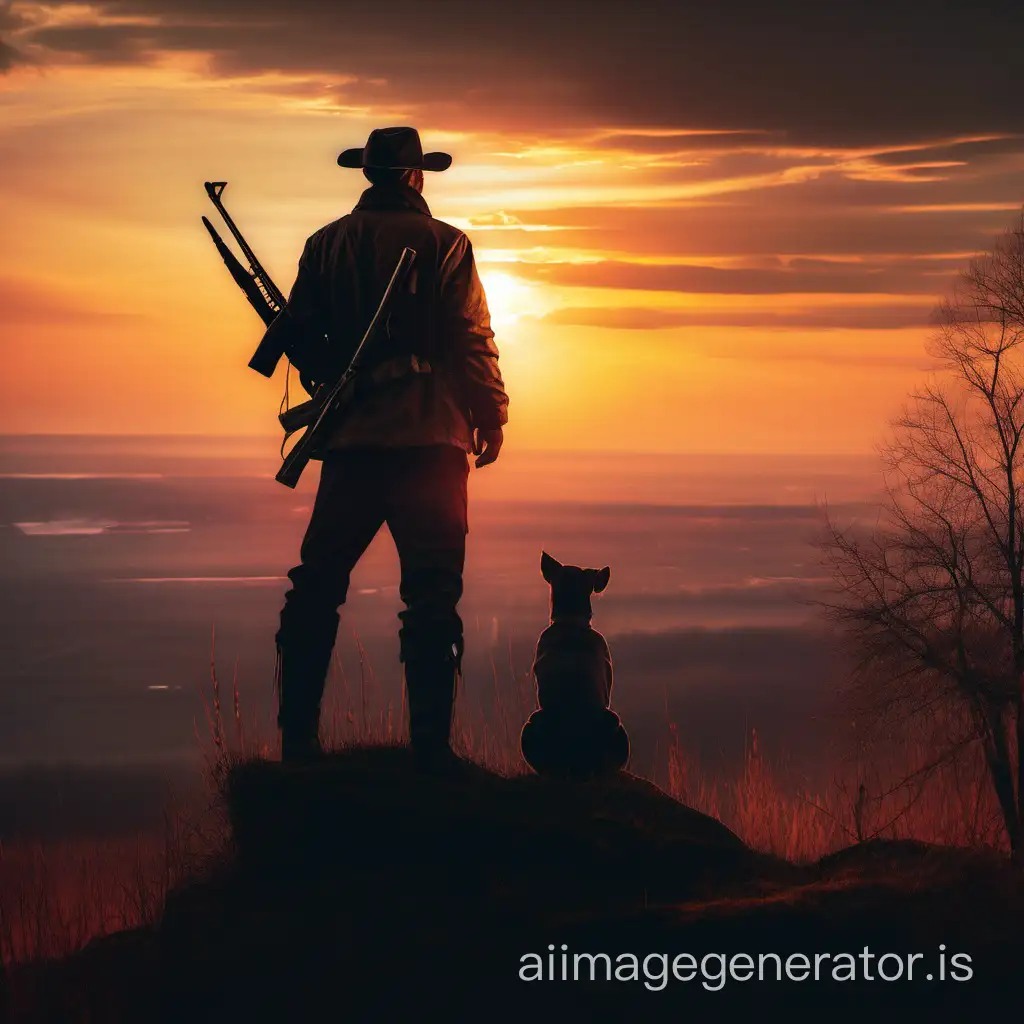 Сильный мужчина охотник стоит на холме и смотрит на закат