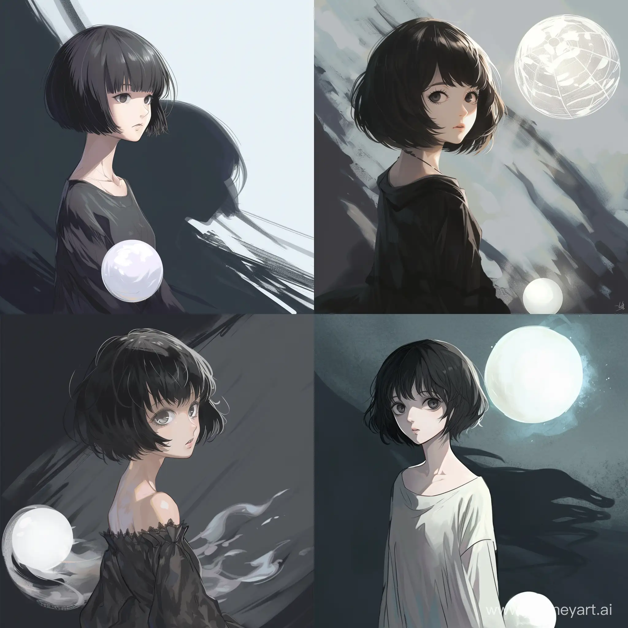 Draw an anime girl with short black hair , Shadow moving in the background and a white light orb beside her