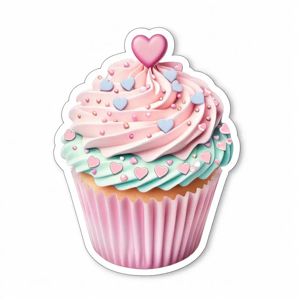  frosted pastel cupcake, delicatly decorated with tiny pink hearts,
sticker ,white background,