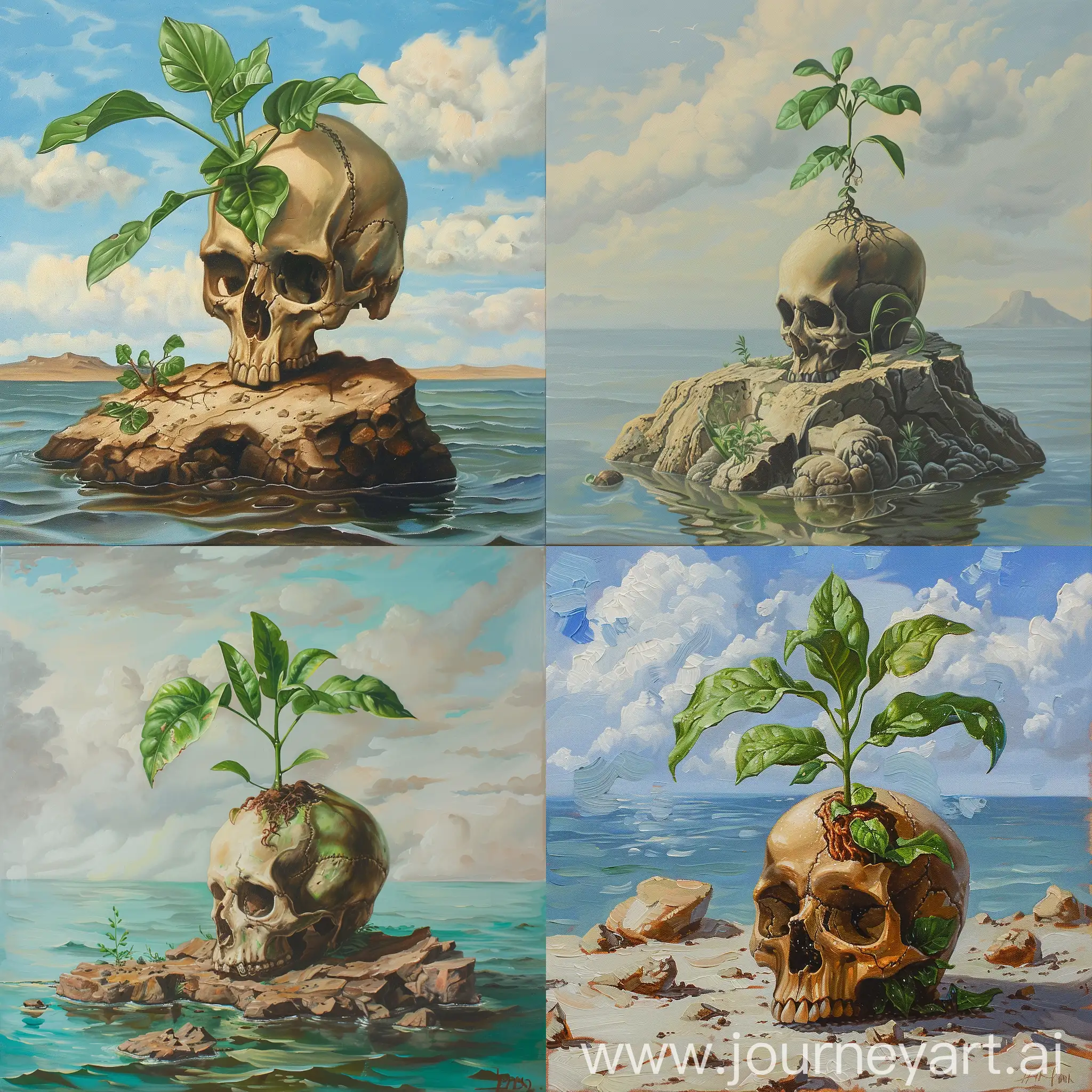 An oil panting of green plant growing from a human skull sitting in a deserted island