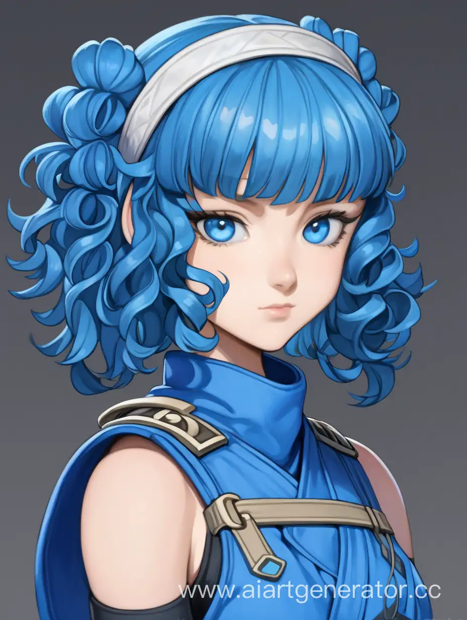 A girl with blue curly shoulder-length hair, blue eyes, bangs, and a headband on top of her head, blue ninja clothes