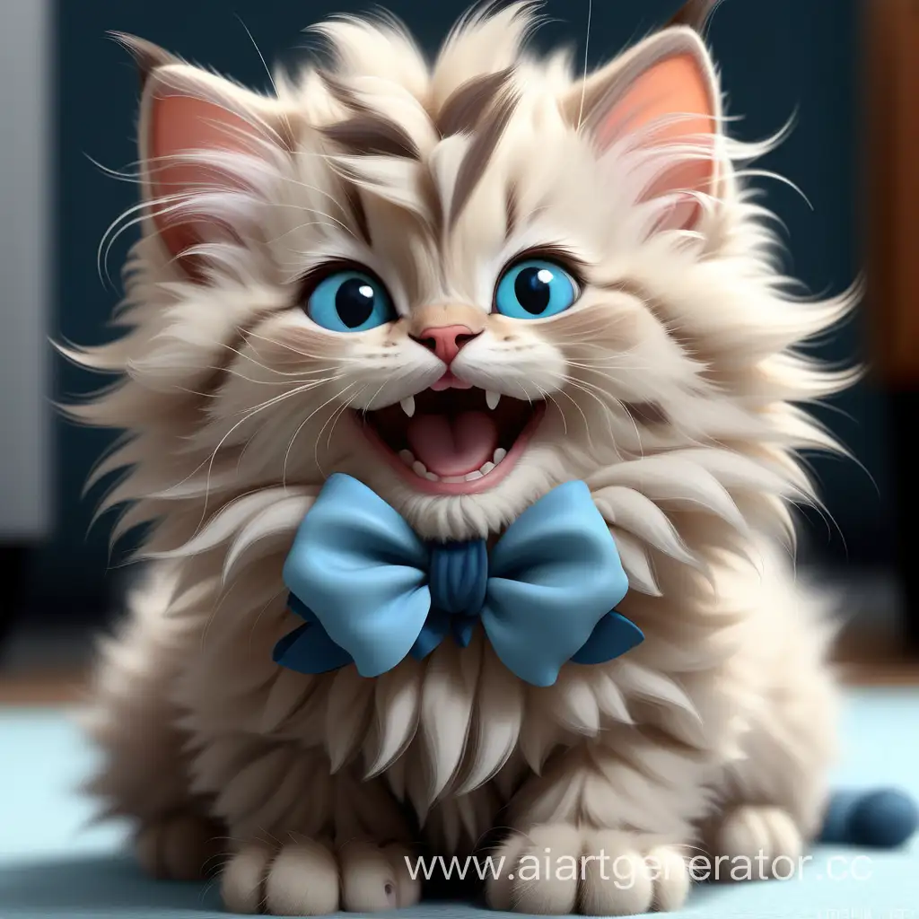 Adorable-Fluffy-Kitten-Smiling-with-Blue-Bow-Neck-Accessory