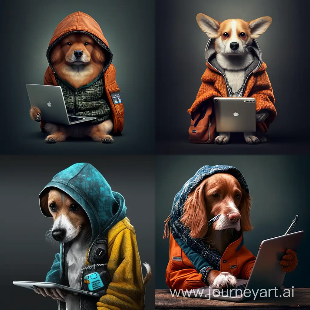 Dog with wear, laptop and phone on its hand