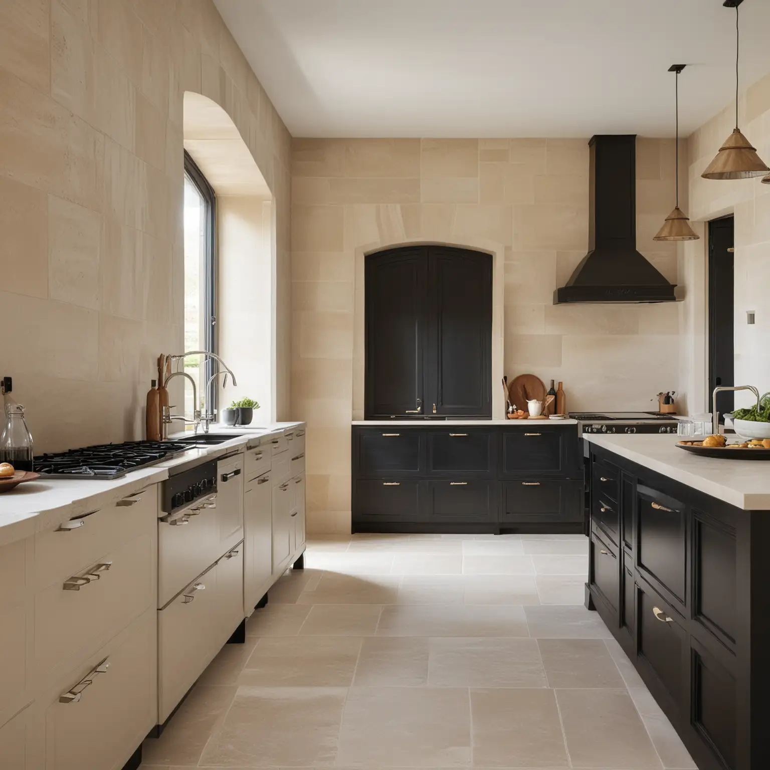 a modern French chateau home kitchen of rendered walls, limestone and wood, in beige and black, 