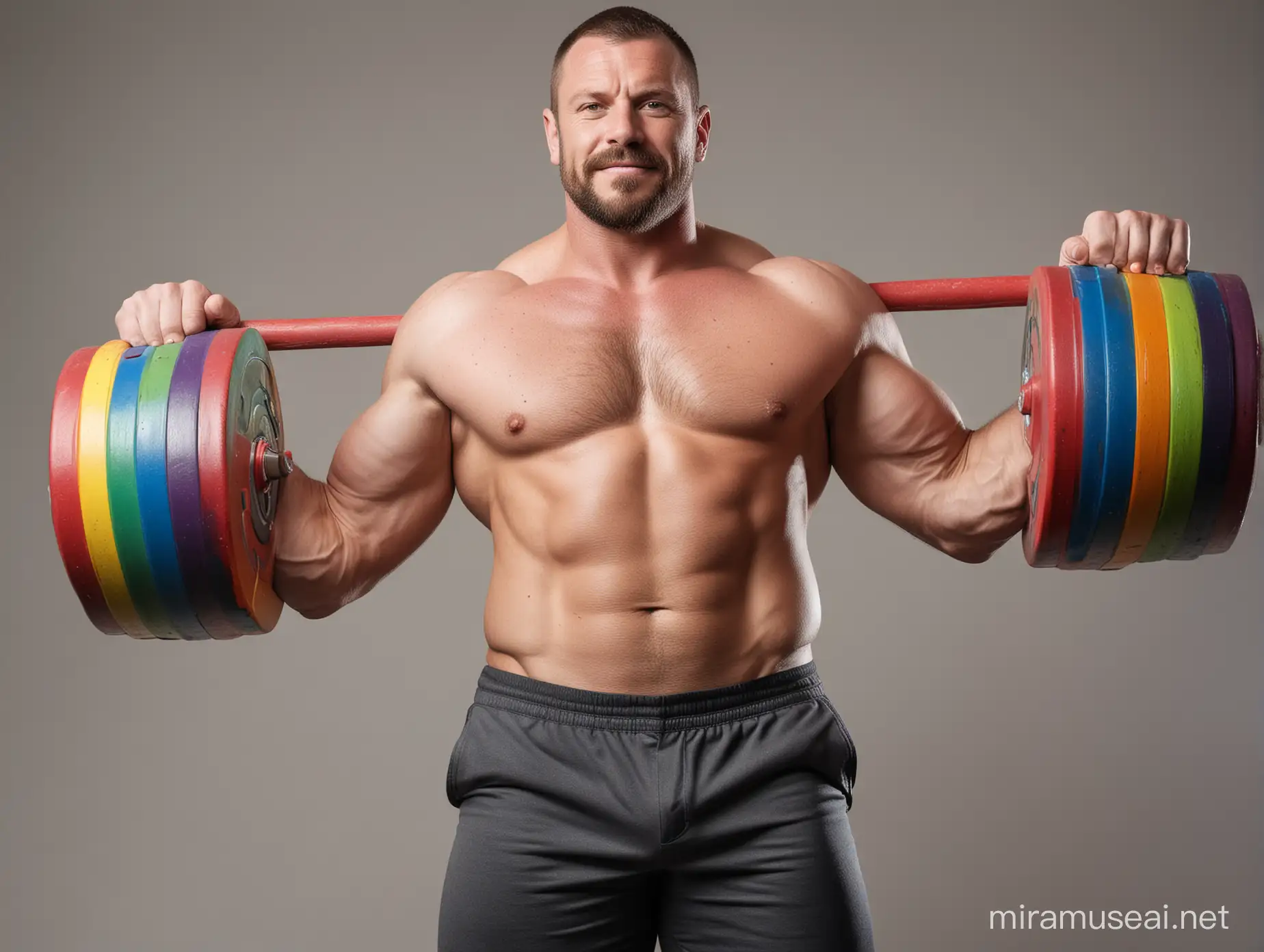 Ultra Muscular Man Holding Rainbow Colored Heavy Weights