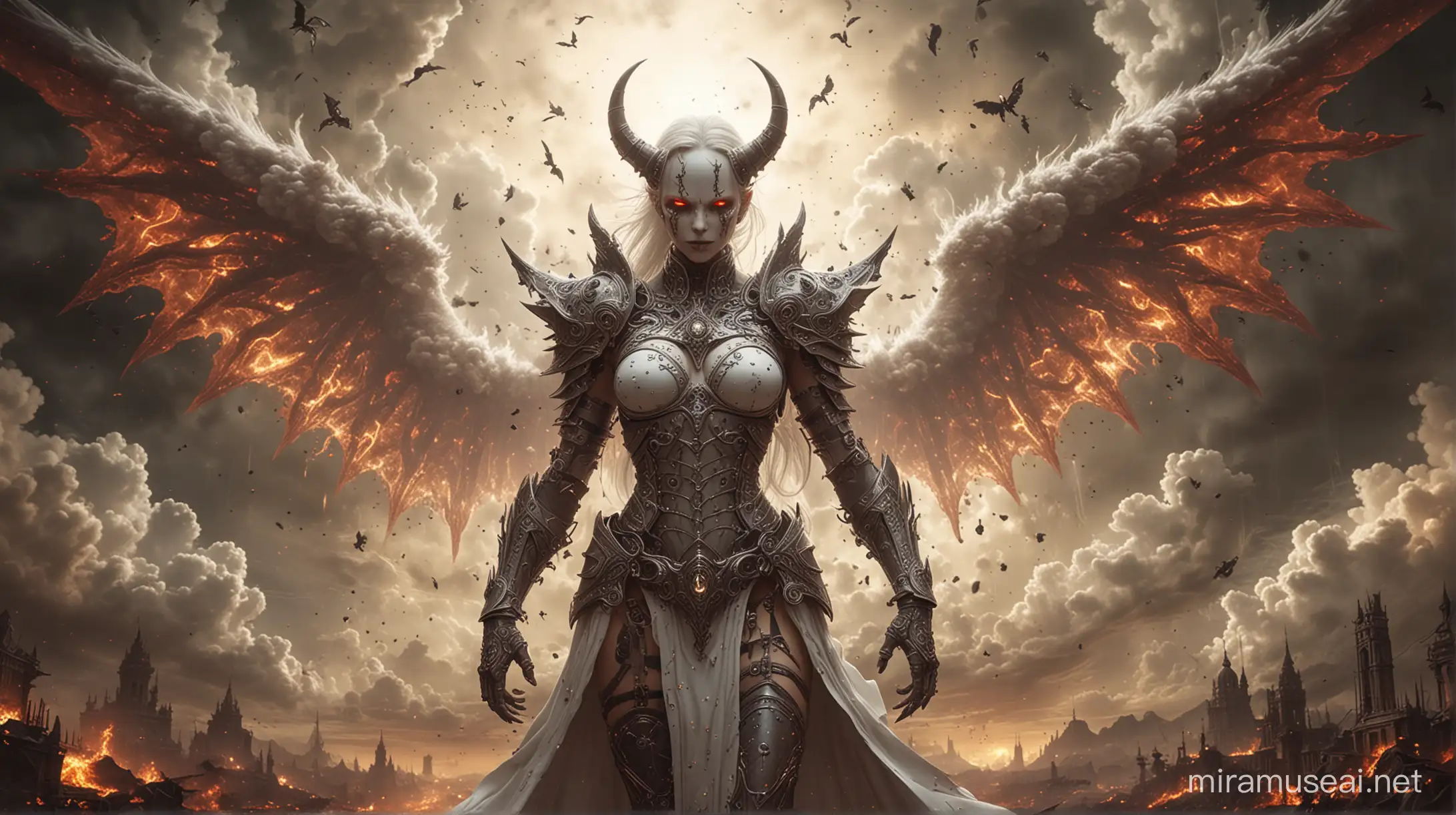 devil angel of doom, white intense glowing eyes, grim armor, chaos anorexia, cluster fuck, whimsical phobia, luminism ash, fractal clouds cursed background, warm tone, (detailed:1.4), best quality, H!D