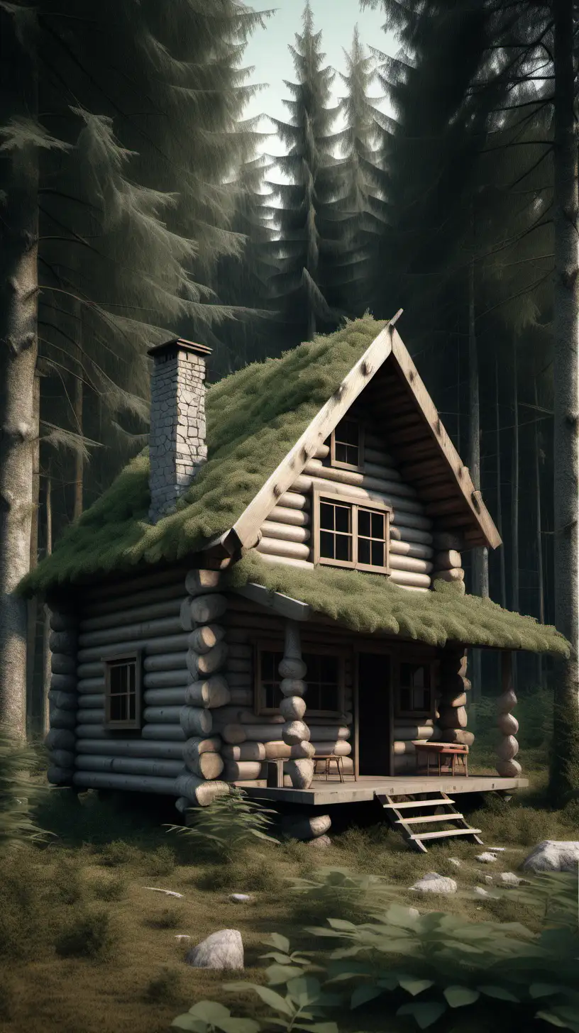 Isolated WarStyle Log Cabin in HyperRealistic Forest Photography