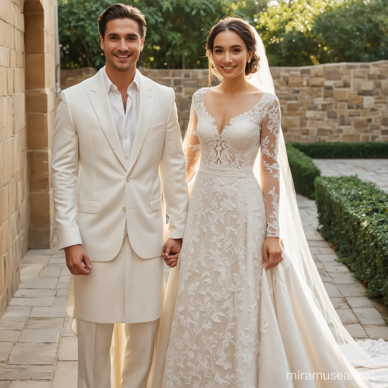 real-life bride and groom in east-west wedding dress