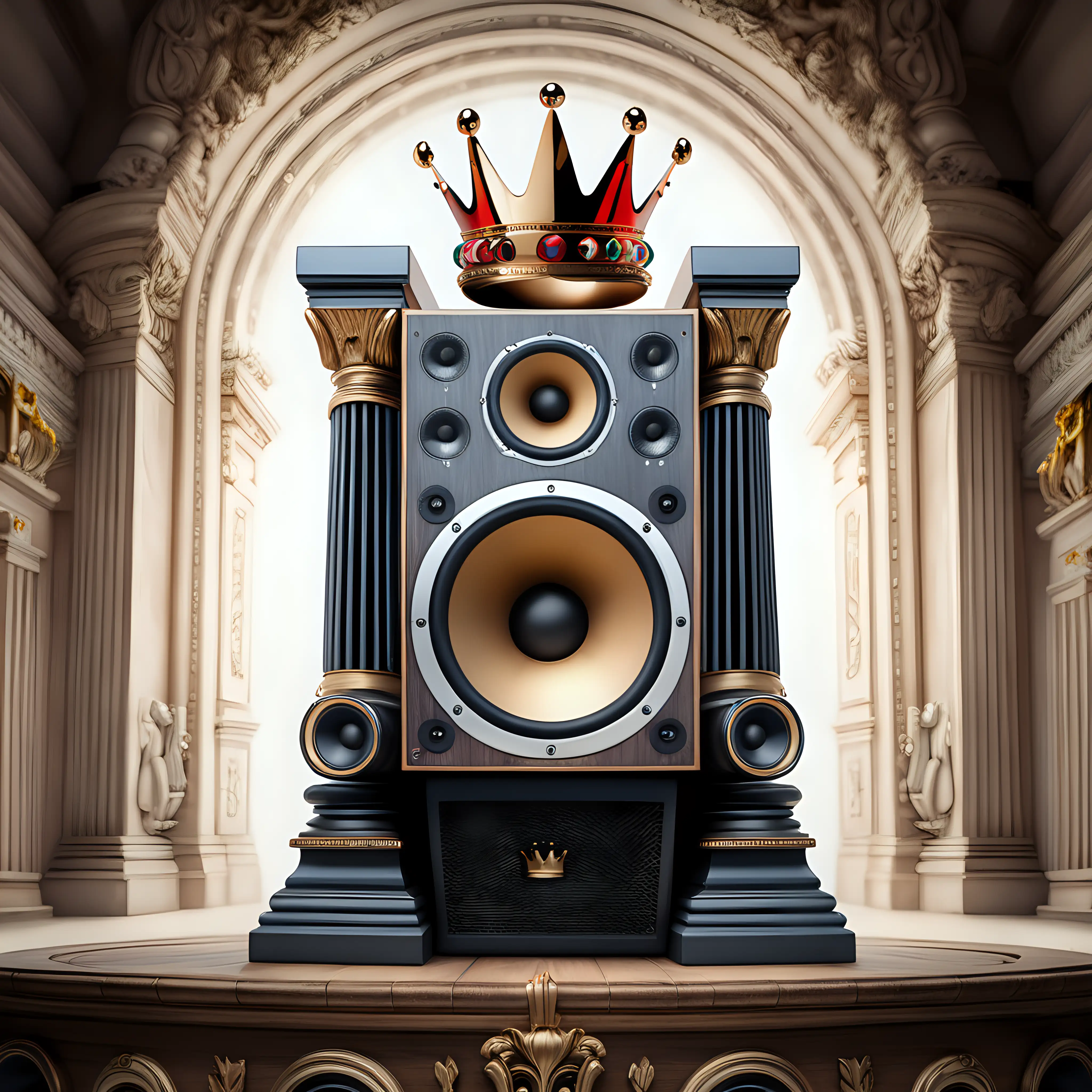 a large music speaker on a throne made small music speakers, with a crown on top